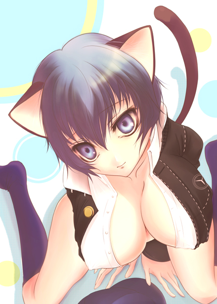sakurasawa yukino, shirogane naoto, atlus, persona, persona 4, 1girl, animal ears, blouse, blue eyes, blue hair, breasts, cat ears, cat tail, cleavage, covered erect nipples, female focus, hair between eyes, head tilt, kneehighs, large breasts, matching hair/eyes, no panties, school uniform, shirt, short hair, simple background, smile, socks, solo, tail, thighs, unbuttoned, white shirt