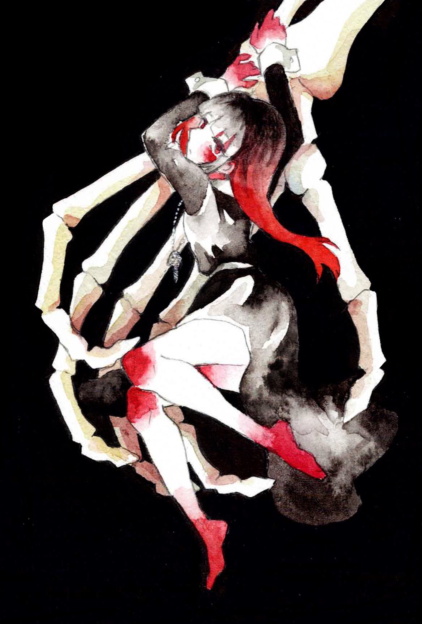 kurage nanami, original, highres, painting (medium), traditional media, watercolor (medium), 1girl, barefoot, black background, black hair, black shirt, black skirt, blush, closed mouth, gradient hair, hime cut, jewelry, jitome, long hair, long skirt, looking at viewer, multicolored hair, necklace, red eyes, red hair, shirt, simple background, skeleton hands, skirt, solo, white hair