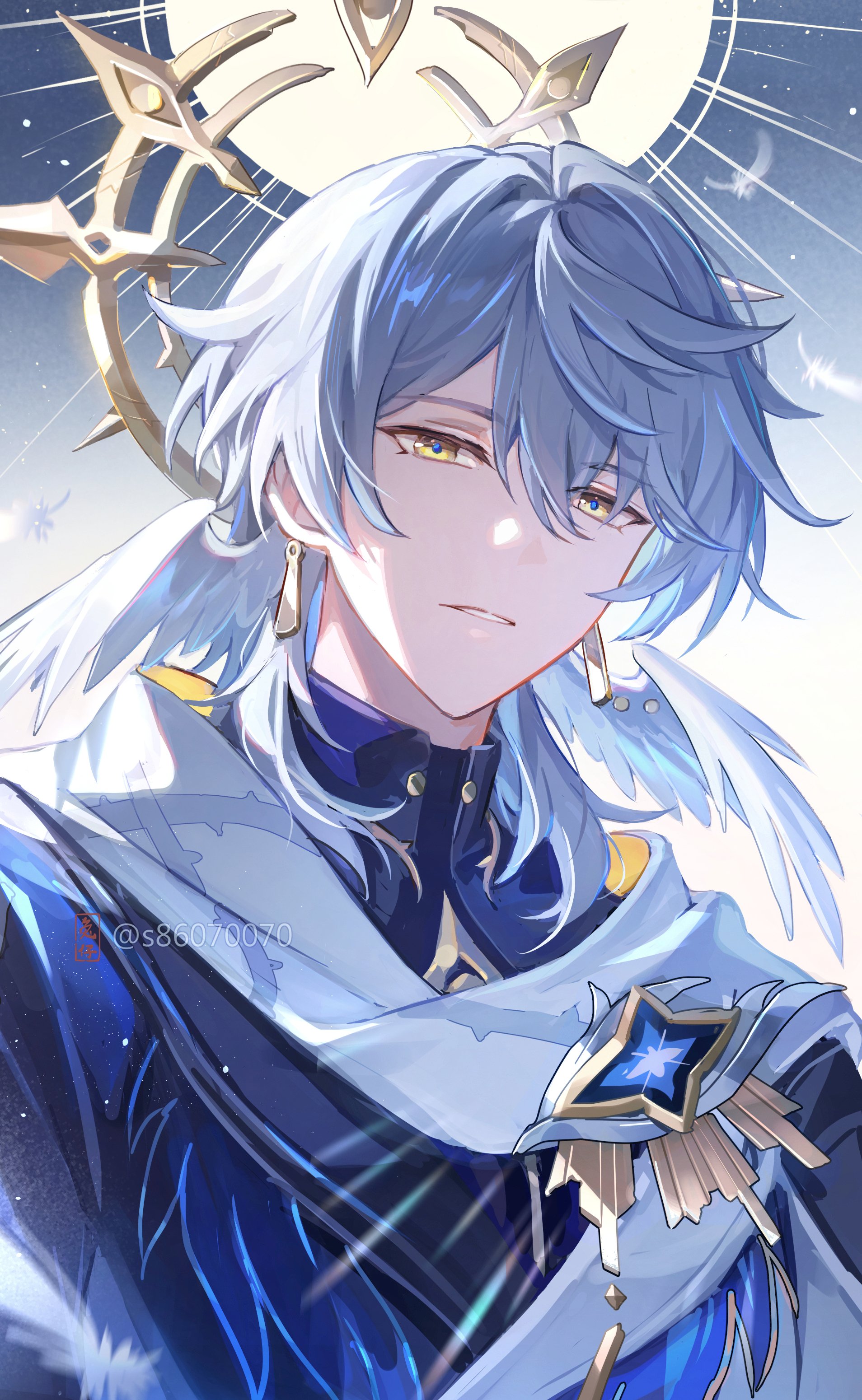 usagishi, sunday (honkai: star rail), honkai: star rail, honkai (series), absurdres, commentary, highres, revision, 1boy, blue jacket, blue pupils, blurry, brooch, depth of field, earrings, falling feathers, feathered wings, feathers, gold earrings, grey hair, hair between eyes, halo, halo behind head, head wings, jacket, jewelry, looking at viewer, male focus, medium hair, multicolored jacket, parted lips, piercing, purple shirt, scarf, shirt, solo, spiked halo, thorn print, turtleneck, turtleneck shirt, twitter username, two-sided scarf, two-tone jacket, upper body, white feathers, white jacket, white scarf, white wings, wing piercing, wings, yellow eyes