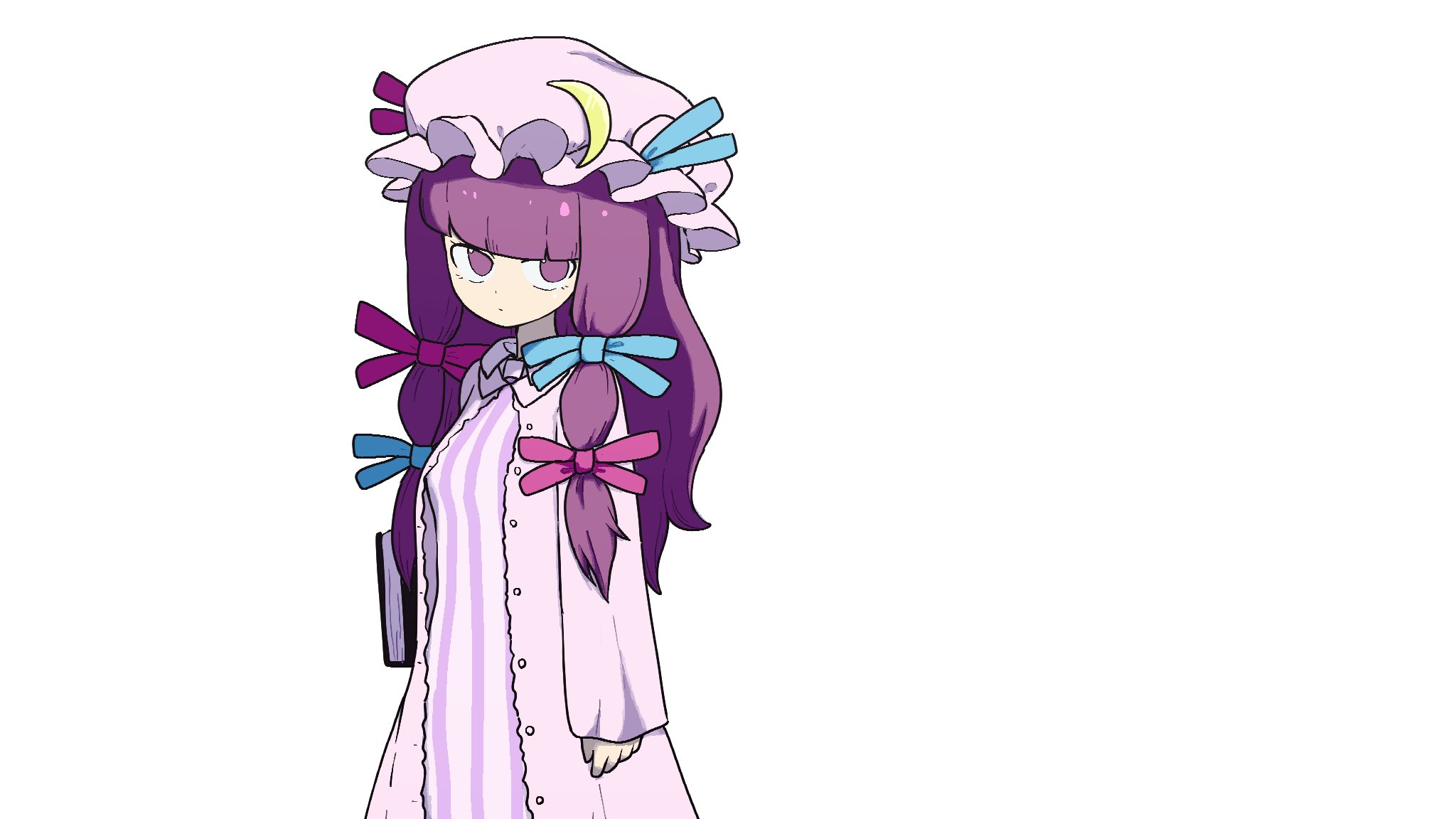 uzou (uzooooooooo), patchouli knowledge, touhou, highres, 1girl, blue bow, book, bow, crescent, crescent hat ornament, dress, hair bow, hat, hat ornament, holding, holding book, long hair, looking at viewer, mob cap, nightgown, pink bow, pink hat, purple eyes, purple hair, simple background, solo, striped clothes, striped dress, white background