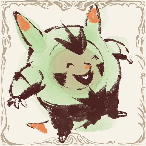 otiksimr, quilladin, nintendo, pokemon, lowres, border, claws, closed eyes, full body, gen 6 pokemon, no humans, open mouth, ornate border, pokemon (creature), pokemon focus, red nose, simple background, smile, solo, tail