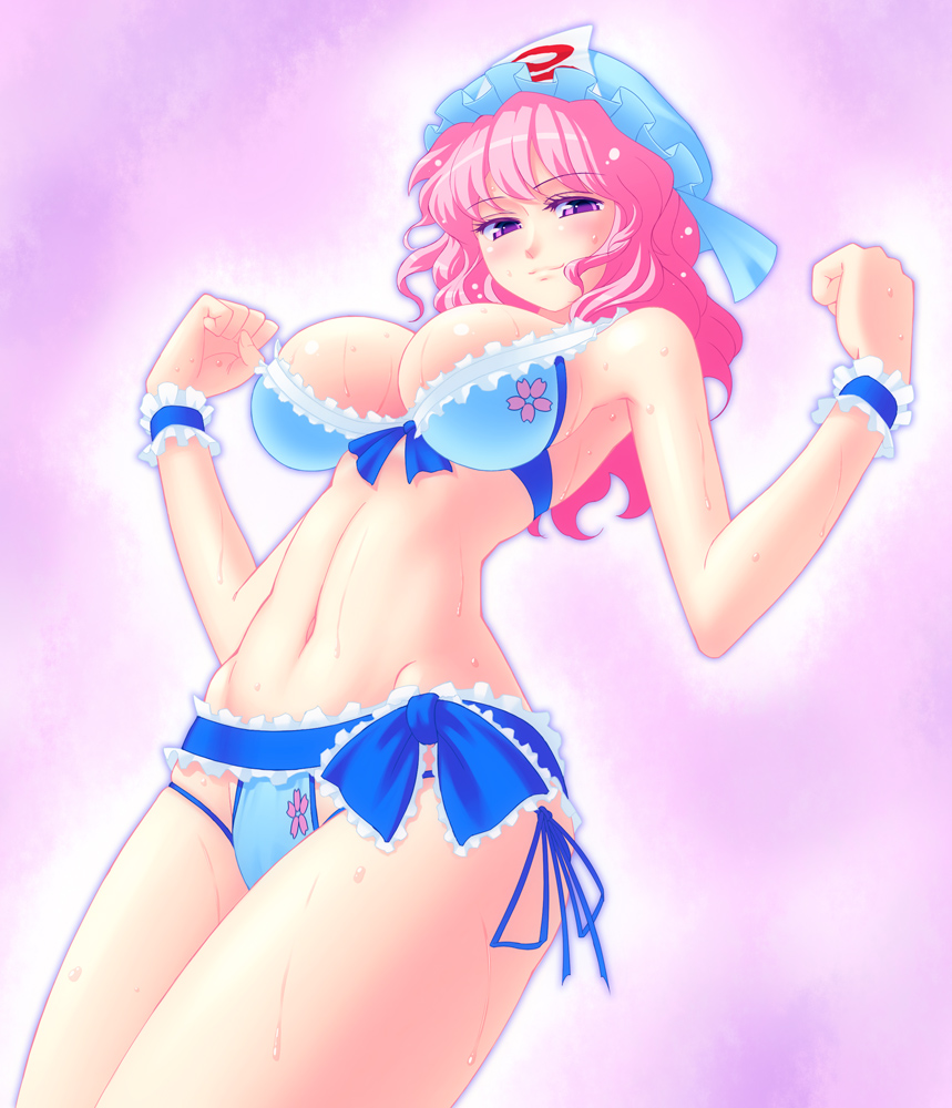 hanazuka ryouji, saigyouji yuyuko, touhou, 1girl, adapted costume, bikini, blue bikini, breasts, female focus, hat, large breasts, pink hair, solo, swimsuit, wet, wrist cuffs