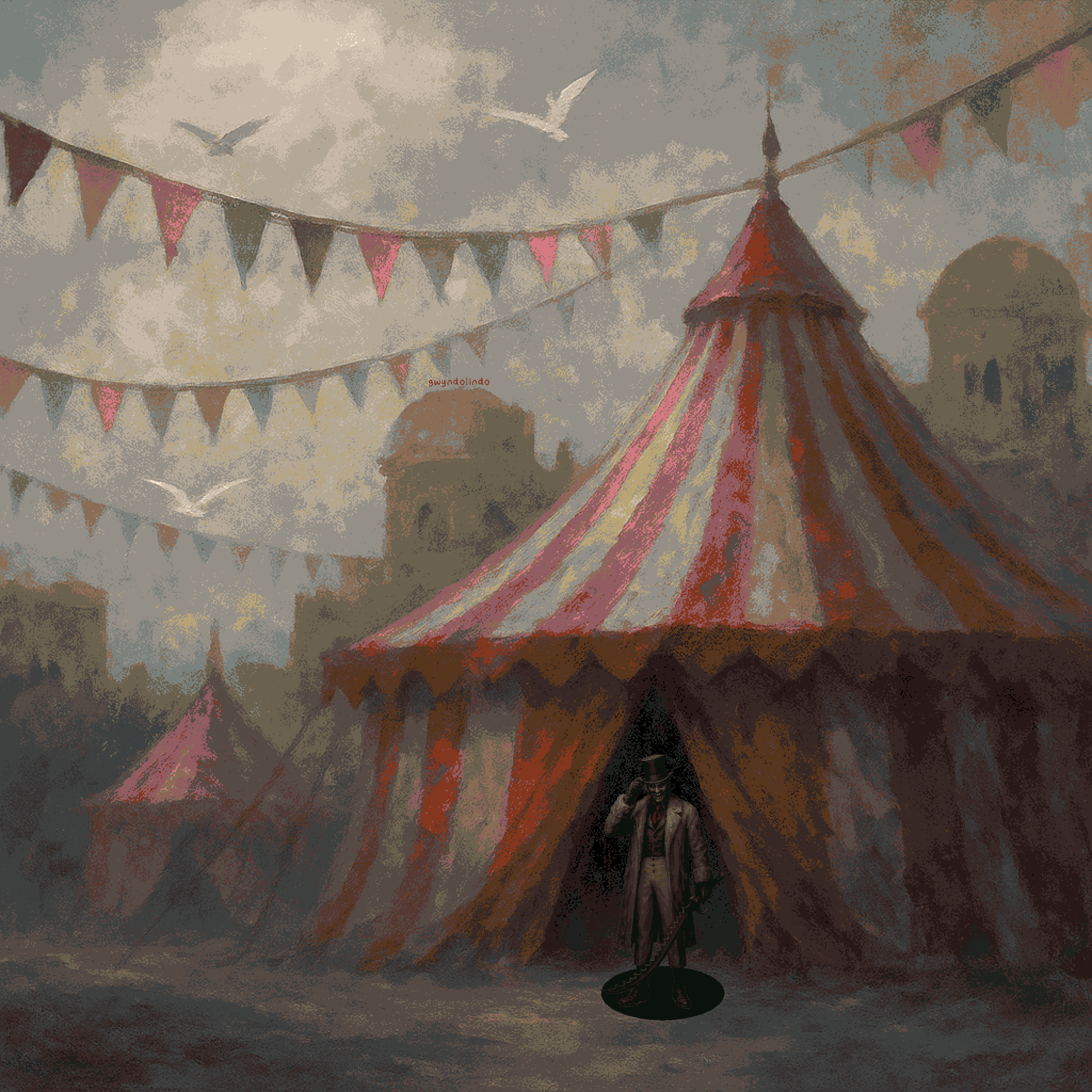lies of p, absurdres, commentary, english commentary, highres, microsoft paint (medium), 1boy, arlecchino the blood artist, circus, coat, grey coat, grey pants, gwyndolindo, hat, holding, holding weapon, male focus, outdoors, pants, scenery, simple bird, smile, solo, streamers, tent, top hat, weapon