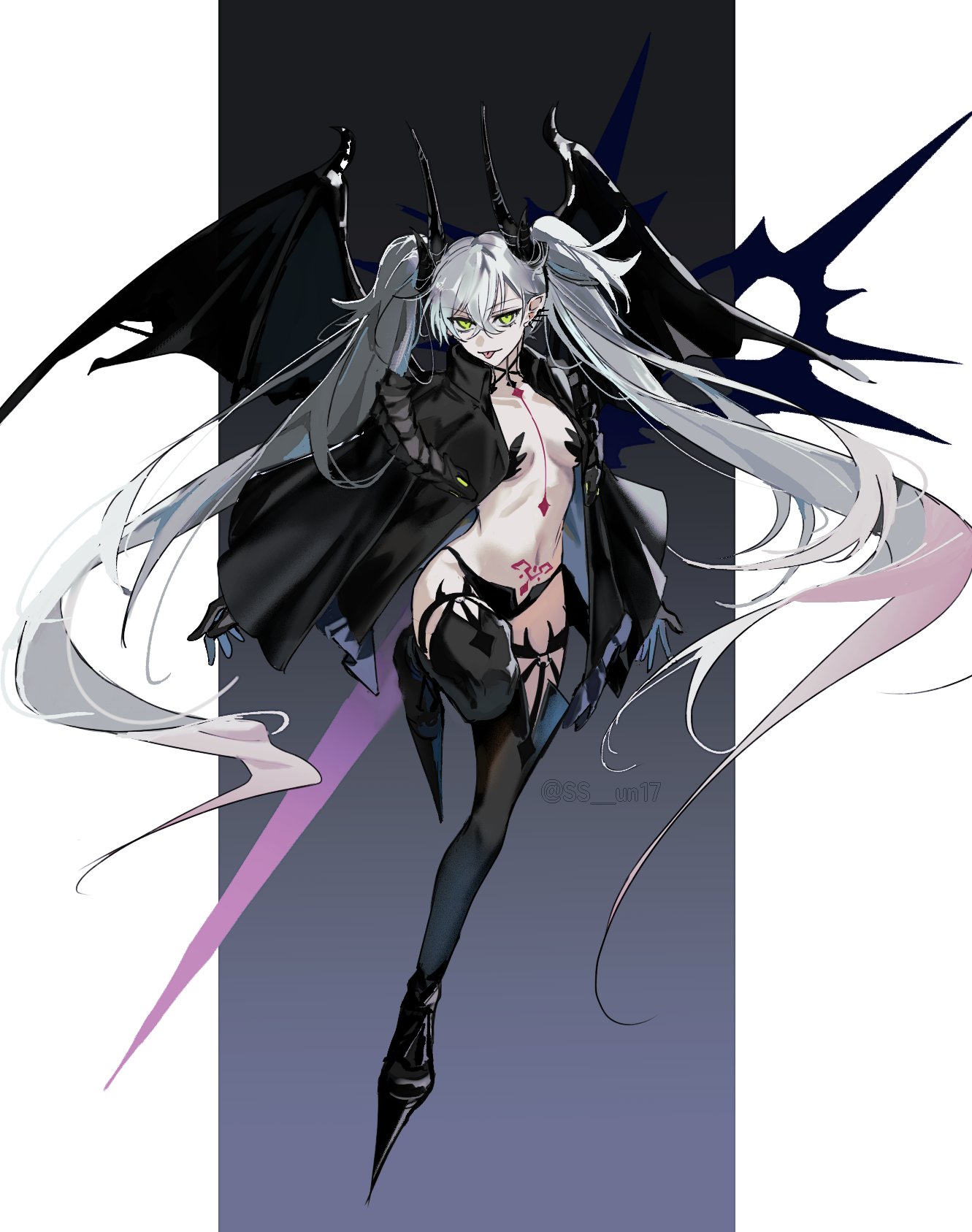 ss un17, lilith (fate), lilith (second ascension) (fate), fate/grand order, fate (series), highres, 1girl, black cloak, black hands, black panties, black thighhighs, body markings, breasts, choker, cloak, colored extremities, crossed bangs, demon girl, demon horns, demon wings, ear piercing, full body, green eyes, grey hair, hair between eyes, horns, long hair, looking at viewer, medium breasts, navel, panties, piercing, pointy ears, smile, solo, stomach tattoo, tattoo, thighhighs, tongue, tongue out, twintails, underwear, very long hair, wings