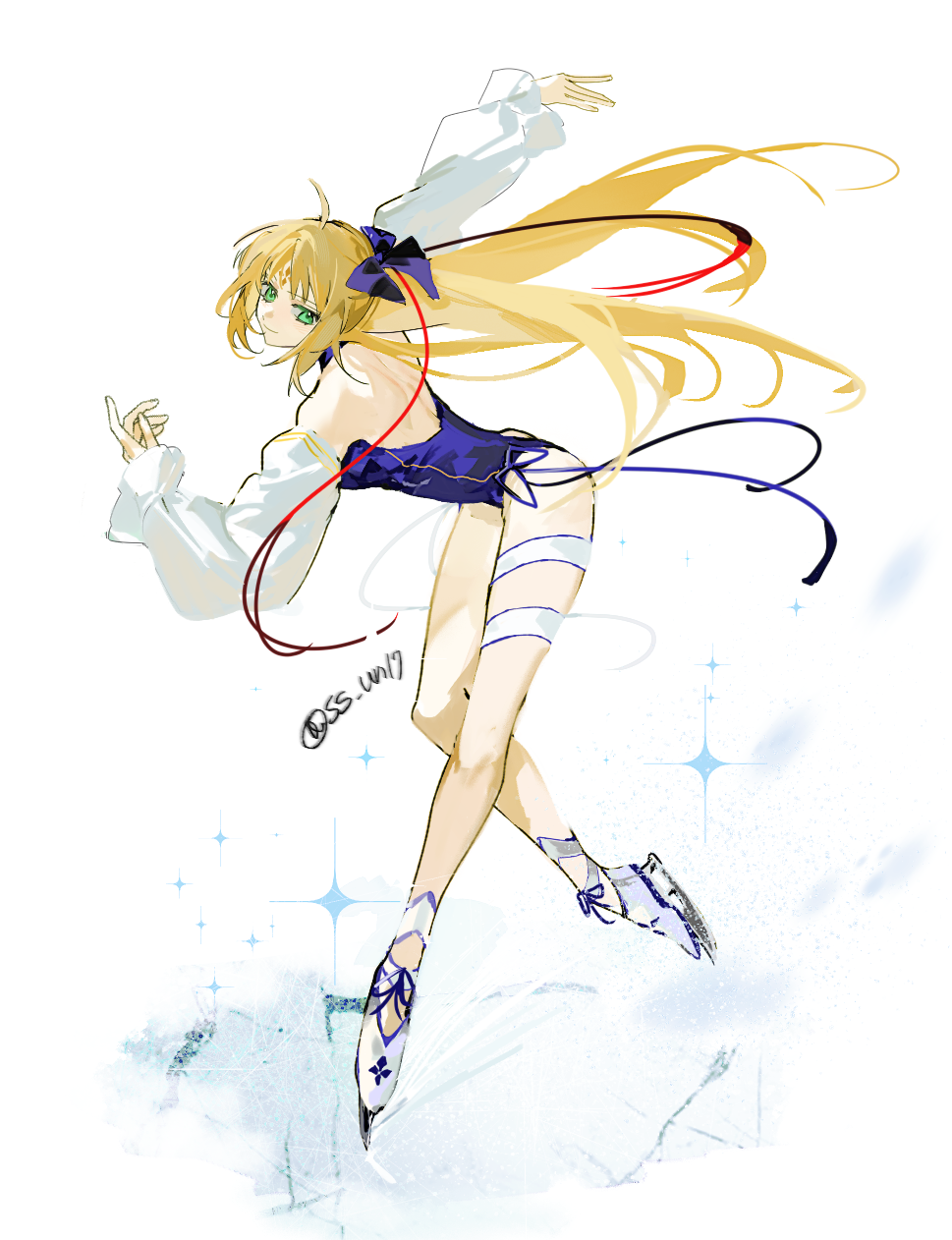ss un17, artoria caster (fate), artoria caster (swimsuit berserker) (third ascension) (fate), artoria pendragon (fate), fate/grand order, fate (series), highres, 1girl, ahoge, bare shoulders, blonde hair, blue one-piece swimsuit, blue ribbon, bow, breasts, detached sleeves, facial mark, forehead mark, full body, green eyes, hair bow, highleg, highleg one-piece swimsuit, ice skates, long hair, looking at viewer, one-piece swimsuit, ribbon, skates, small breasts, smile, solo, swimsuit, twintails, very long hair, white sleeves