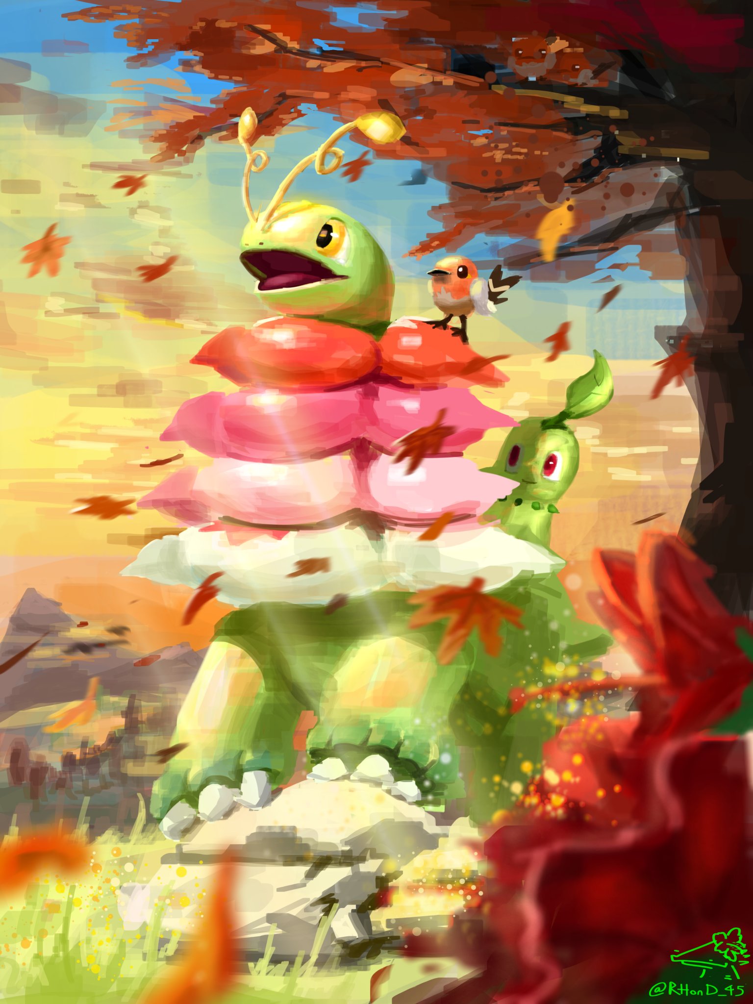 rhond 45, chikorita, fletchling, mega meganium, meganium, nintendo, pokemon, pokemon legends: z-a, highres, antennae, bird, closed mouth, cloud, flower, gen 2 pokemon, gen 6 pokemon, leaf, mega pokemon, no humans, open mouth, orange sky, outdoors, pokemon (creature), pokemon focus, red eyes, sky, smile, tail, talons, tree, wings, yellow eyes