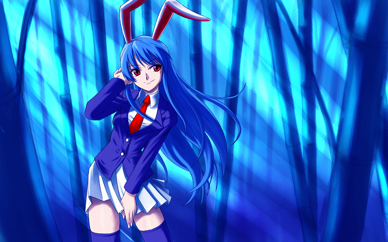 minazuki honoo, reisen udongein inaba, touhou, 1girl, animal ears, black thighhighs, blouse, blue hair, collared shirt, female focus, long hair, necktie, rabbit ears, red eyes, red necktie, shirt, solo, thighhighs, very long hair, white shirt, zettai ryouiki