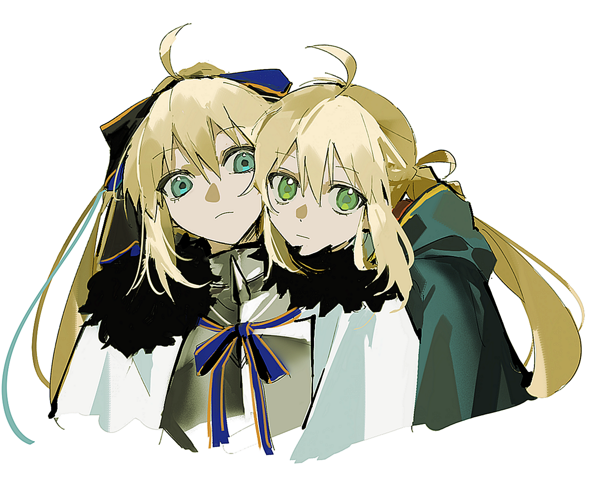 ss un17, aesc (fate), aesc (savior) (fate), artoria caster (fate), artoria caster (second ascension) (fate), artoria pendragon (fate), fate/grand order, fate (series), 2girls, ahoge, armor, blonde hair, blue eyes, bow, breastplate, cloak, fur-trimmed cloak, fur trim, green eyes, hair bow, head rest, hood, hooded cloak, leaning on person, long hair, looking at viewer, multiple girls, ponytail, simple background, upper body, white background
