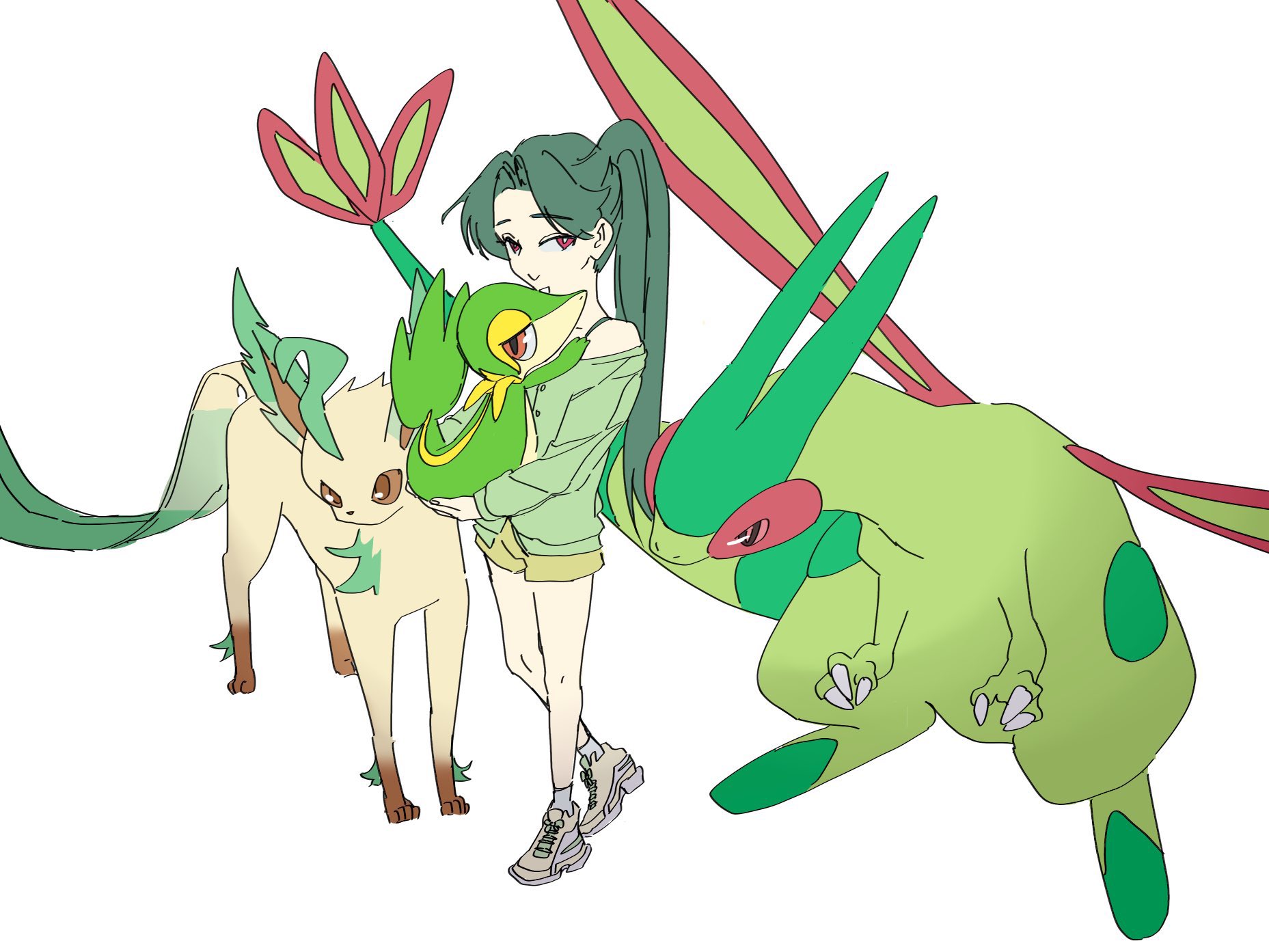 pp 7762, flygon, leafeon, snivy, nintendo, pokemon, highres, 1girl, :>, animal hands, bright pupils, brown eyes, brown fur, claws, dragon, full body, gen 3 pokemon, gen 4 pokemon, gen 5 pokemon, green fur, green hair, green shirt, green shorts, holding, holding pokemon, long hair, looking at viewer, off-shoulder shirt, off shoulder, pokemon (creature), ponytail, red eyes, shirt, shoes, shorts, simple background, standing, white background, white pupils, white shoes, yellow fur