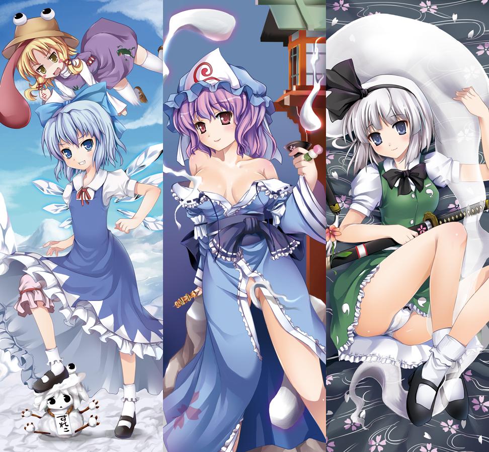 tomusooya, cirno, konpaku youmu, konpaku youmu (ghost), moriya suwako, pyonta, saigyouji yuyuko, touhou, silver hair, translated, 4girls, anger vein, annoyed, bare shoulders, blonde hair, bloomers, blue eyes, blue hair, bobby socks, breasts, censored, cleavage, column lineup, convenient censoring, cup, dango, female focus, flat chest, flying, food, hat, hitodama, japanese clothes, kimono, large breasts, mary janes, medium breasts, multiple girls, no panties, off shoulder, panties, pink eyes, pink hair, sakazuki, sanshoku dango, shoes, skewer, smile, snowman, socks, underwear, wagashi, yellow eyes