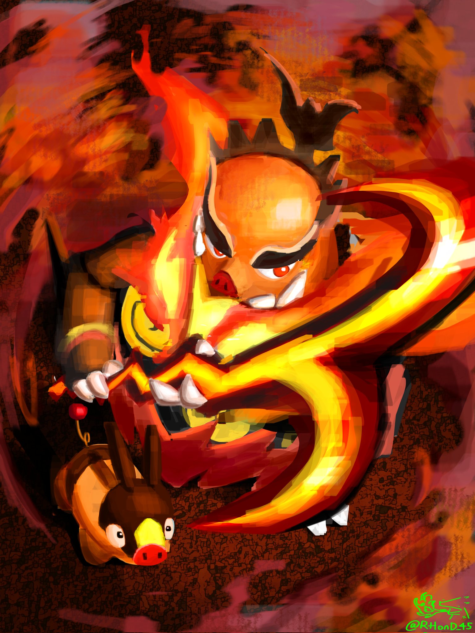 rhond 45, emboar, mega emboar, tepig, nintendo, pokemon, pokemon legends: z-a, highres, fangs, fire, flaming weapon, gen 5 pokemon, holding, holding staff, mega pokemon, no humans, pig, pokemon (creature), pokemon focus, red eyes, sharp teeth, staff, teeth, weapon