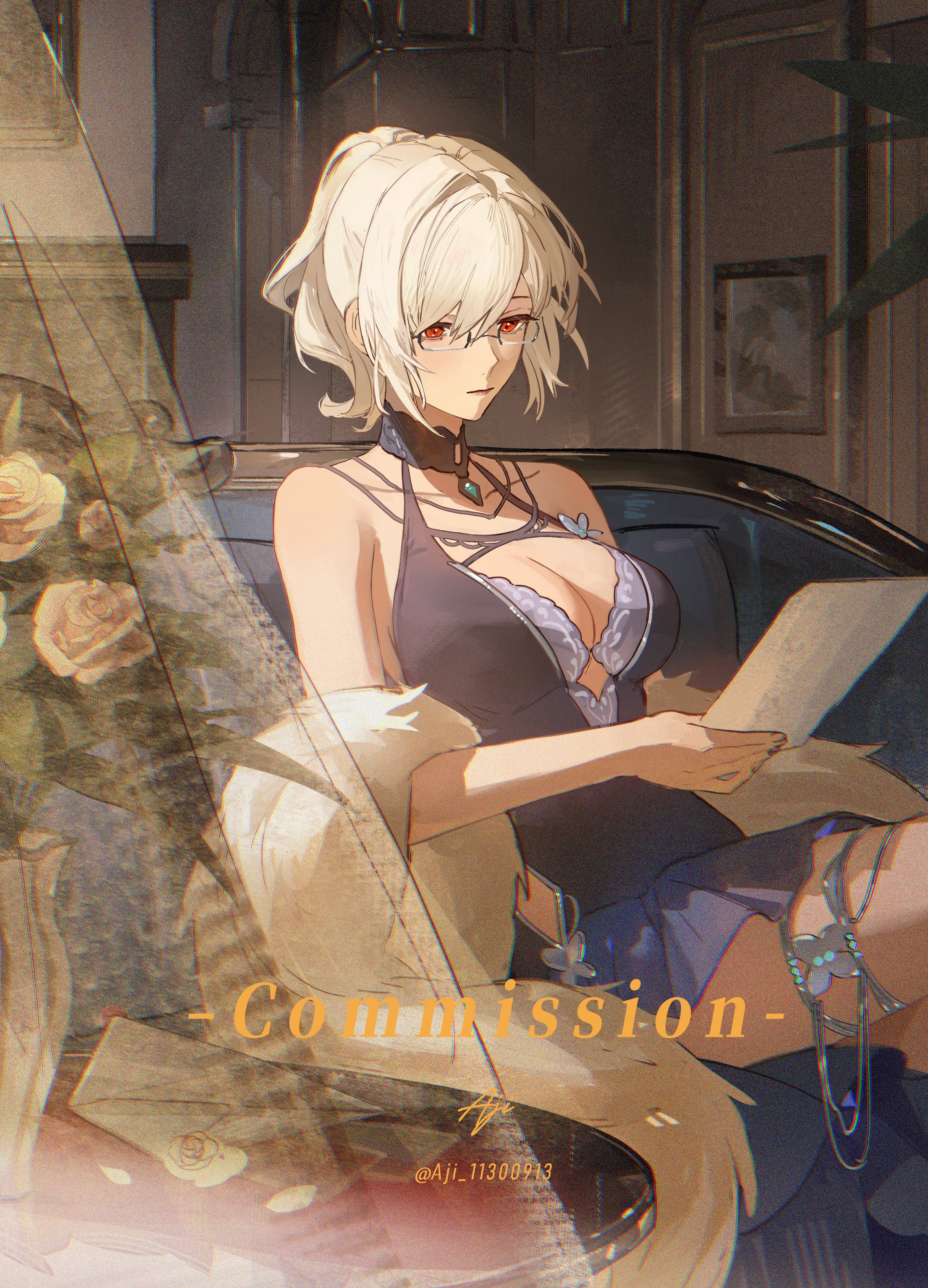 aji 11300913, original, absurdres, commentary request, commission, highres, skeb commission, 1girl, aurelia venturi (zenthon), bare shoulders, blue dress, breasts, cleavage, closed mouth, curtains, dress, envelope, feather boa, flower, glasses, holding, holding paper, indoors, large breasts, painting (object), paper, reading, red eyes, short hair, signature, sitting, sleeveless, sleeveless dress, solo, table, twitter username, vase, white hair