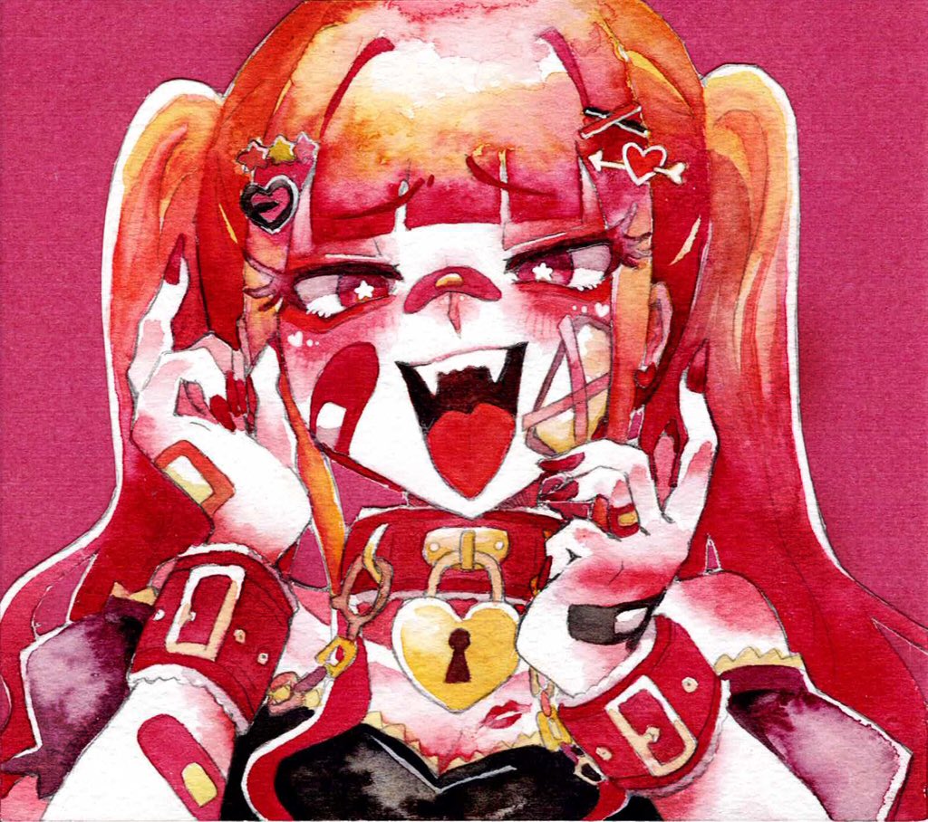 kurage nanami, original, painting (medium), traditional media, watercolor (medium), 1girl, aegyo sal, bandaid, bandaid on arm, bandaid on cheek, bandaid on face, bandaid on finger, bandaid on hand, bandaid on nose, bare shoulders, blush, bracelet, breasts, cleavage, collar, decora, dress, fangs, gauze, gauze on cheek, gauze on hand, hair ornament, hands up, heart, heart collar, heart hair ornament, jewelry, lipstick mark, lipstick mark on breast, long hair, looking at viewer, open mouth, outline, pink background, puffy short sleeves, puffy sleeves, red collar, red eyes, red hair, red nails, short sleeves, solo, star-shaped pupils, star (symbol), star hair ornament, symbol-shaped pupils, twintails, upper body, very long hair, white outline, x hair ornament