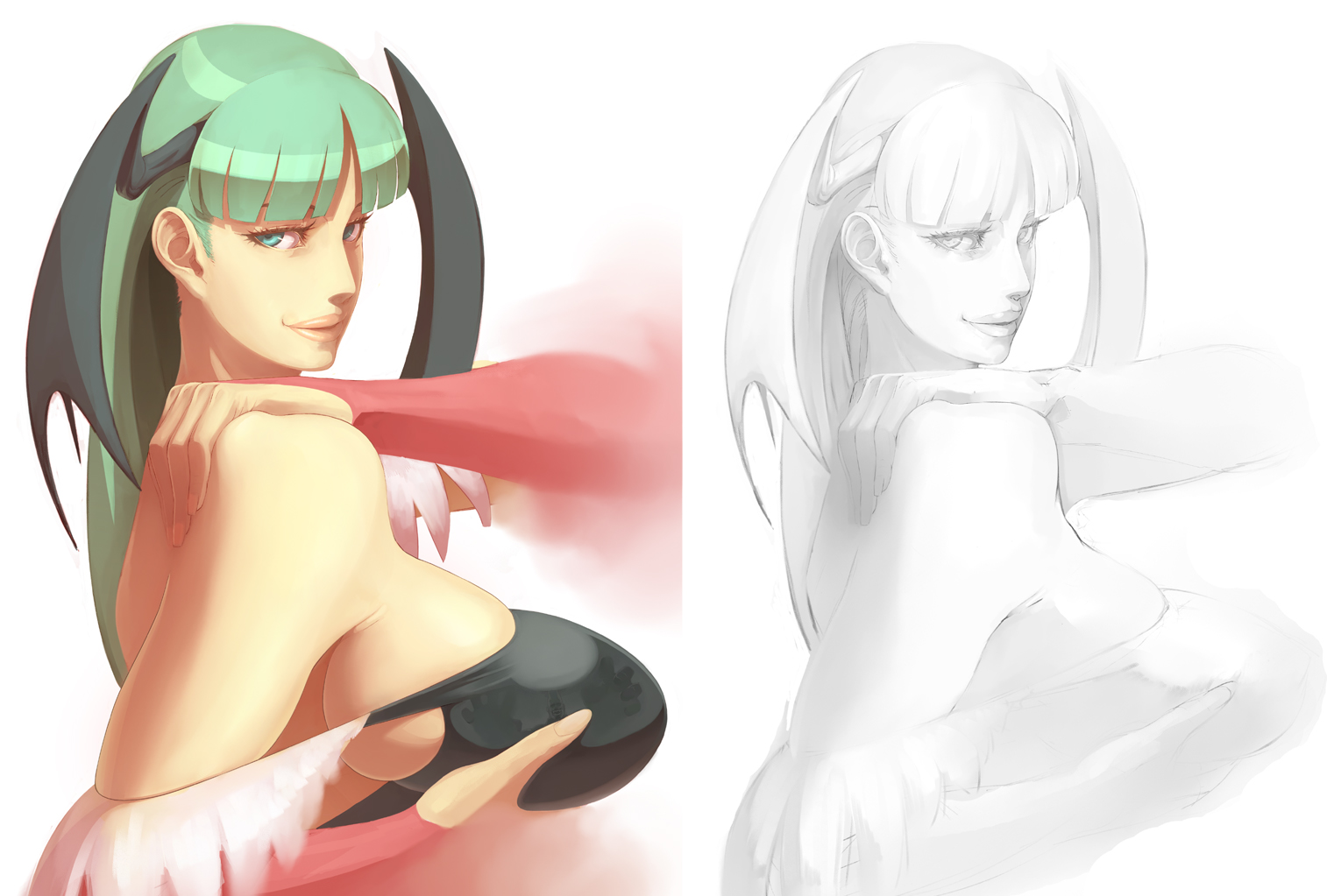 kurohachi, morrigan aensland, capcom, darkstalkers, bad id, bad pixiv id, 1girl, breast lift, breasts, female focus, grabbing another's breast, grabbing own breast, green eyes, green hair, groping, head wings, huge breasts, lips, long hair, solo, upper body, wings