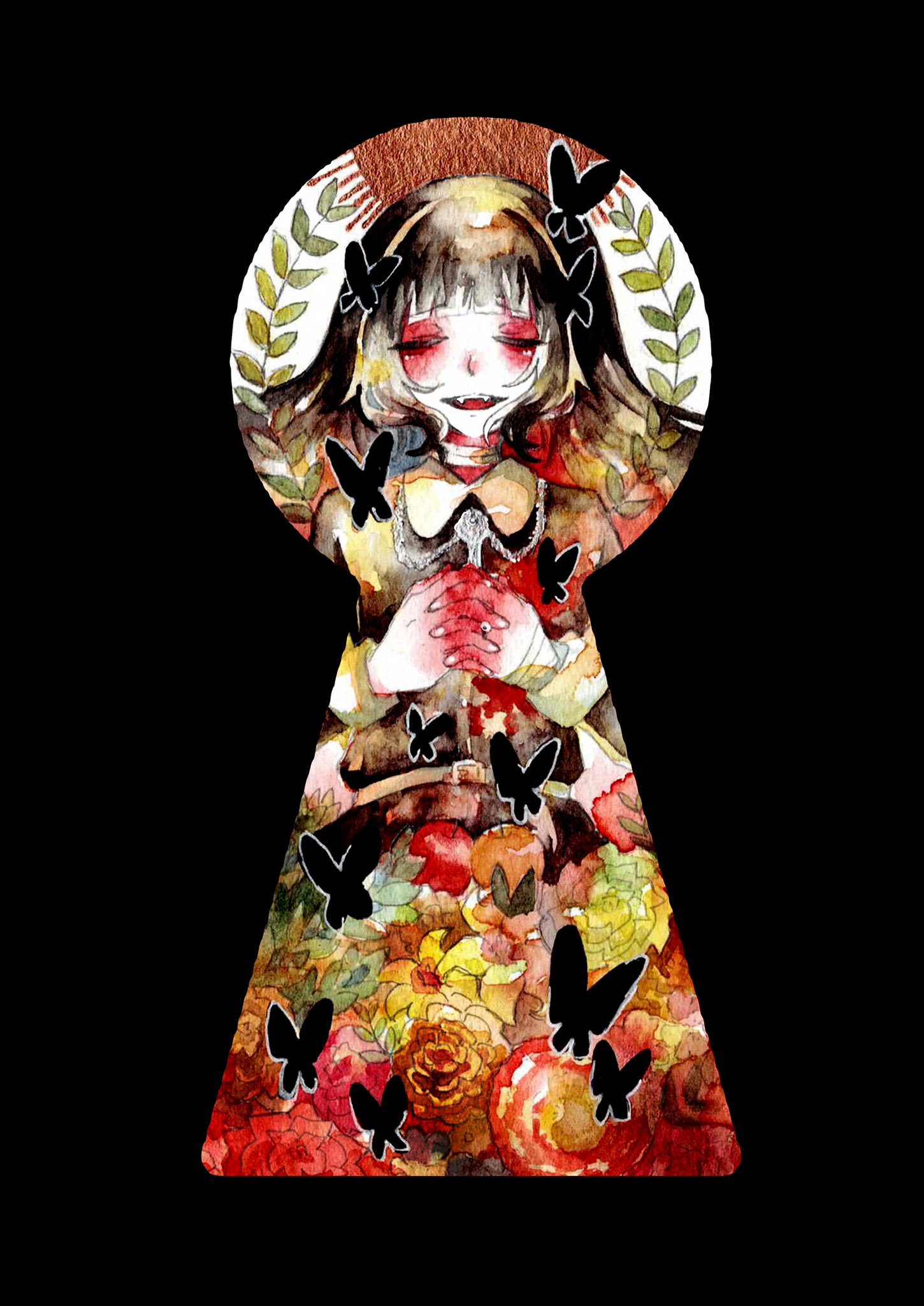 kurage nanami, original, highres, painting (medium), traditional media, watercolor (medium), 1girl, apple, belt, black hair, black shirt, blush, bug, butterfly, closed eyes, closed mouth, collared shirt, fangs, flower, food, fruit, insect, keyhole, long hair, open mouth, own hands together, red flower, shirt, solo, white belt, yellow flower