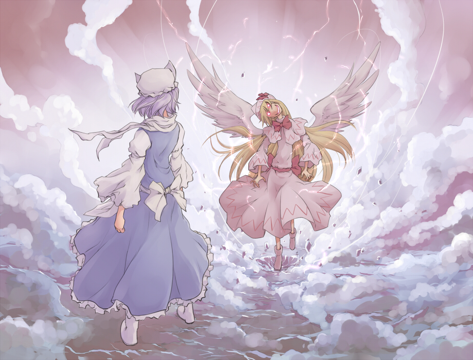nekoguruma, letty whiterock, lily white, touhou, 2girls, blonde hair, crazy, female focus, hat, multiple girls, purple hair, ribbon, short hair, wings