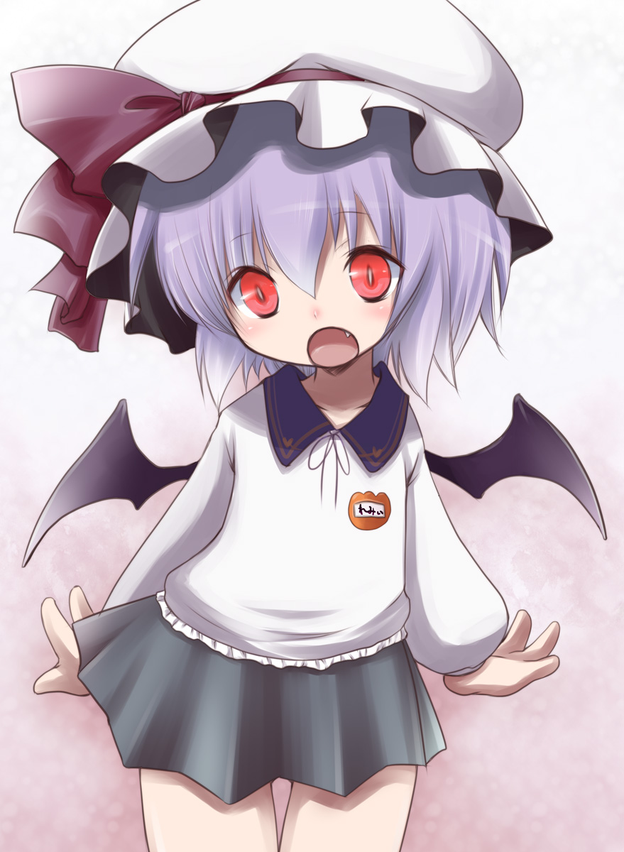fujisaki hikari, remilia scarlet, touhou, highres, 1girl, alternate costume, bat (animal), bat wings, blue hair, child, fang, female focus, hat, purple hair, red eyes, school uniform, short hair, skirt, solo, thigh gap, thighs, vampire, wings