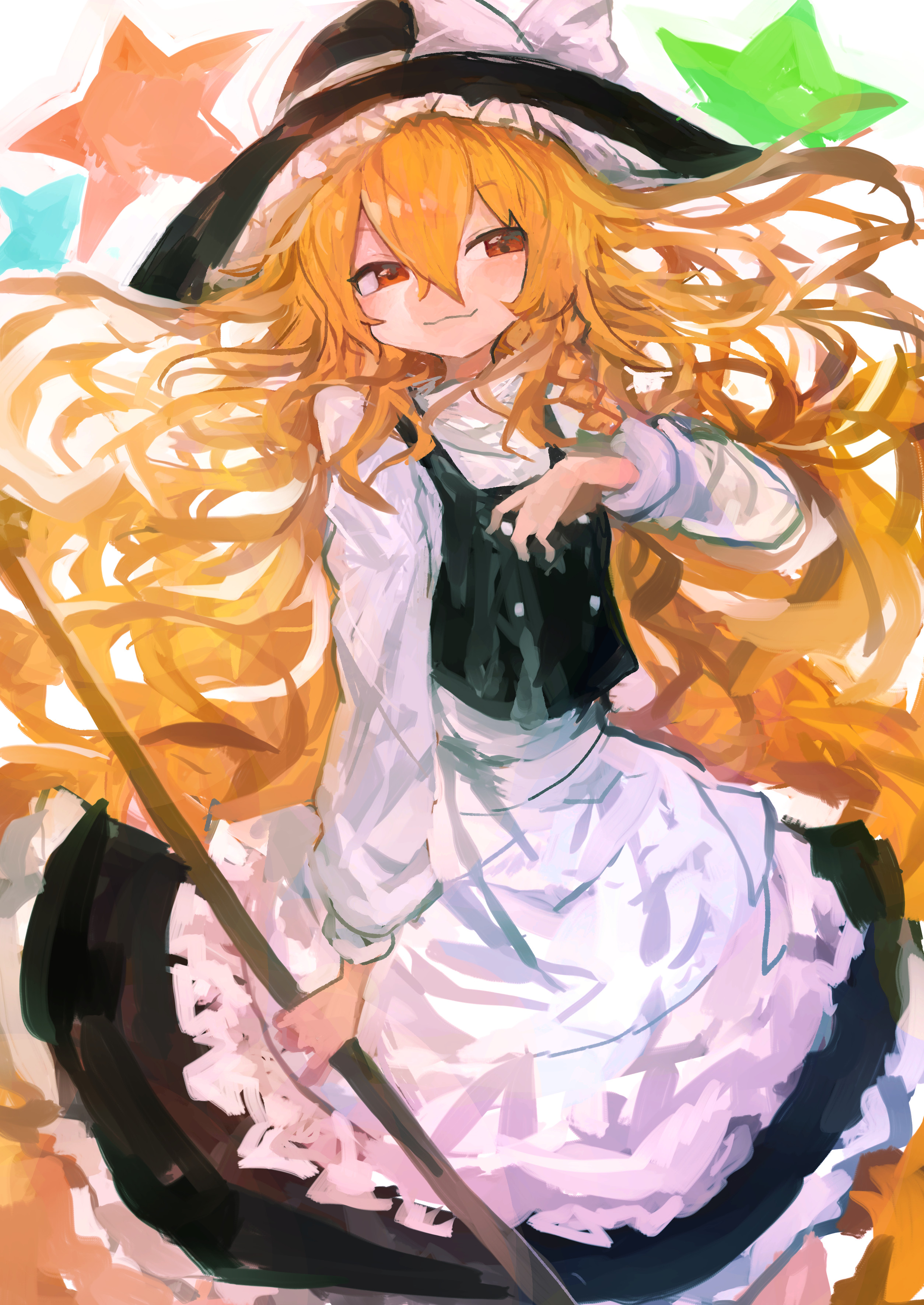 kaamin (mariarose753), kirisame marisa, touhou, absurdres, highres, 1girl, :3, apron, black hat, black skirt, black vest, blonde hair, bow, braid, broom, brown eyes, buttons, cowboy shot, floating hair, frills, hand on own chest, hand up, hat, holding, holding broom, long hair, long sleeves, shirt, side braid, simple background, skirt, smug, solo, star (symbol), turtleneck, turtleneck shirt, very long hair, vest, white apron, white background, white bow, white shirt, witch hat