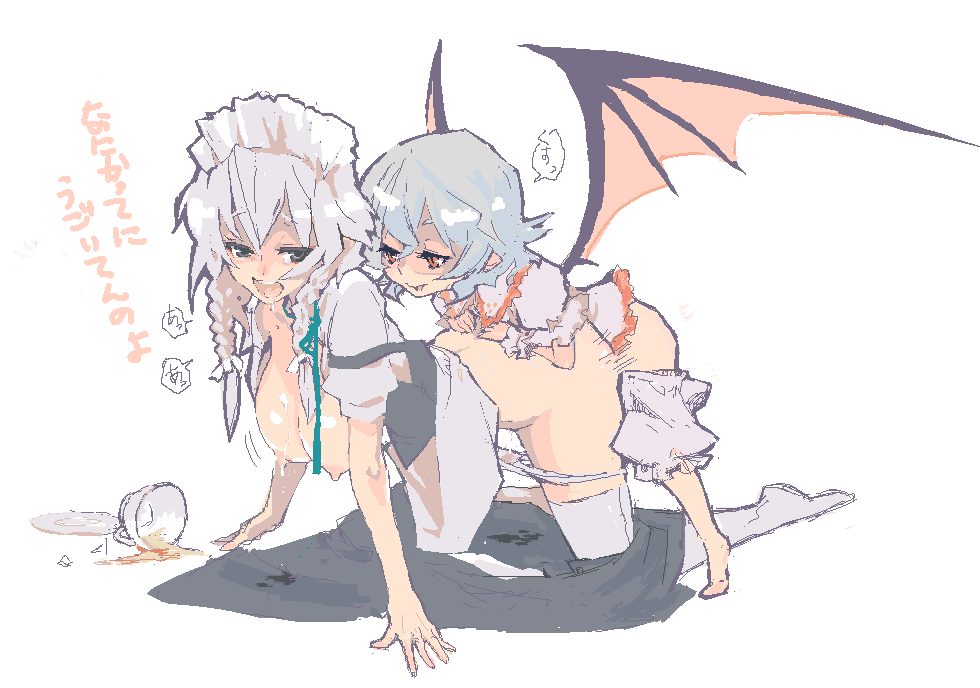 shizumi satou, siskin, izayoi sakuya, remilia scarlet, touhou, silver hair, translation request, 1futa, 1girl, bat wings, blue hair, breasts, doggystyle, from behind, futa with female, futanari, hairband, implied futanari, loli, medium breasts, oekaki, panties, sex, sex from behind, short hair, spill, tiptoes, underwear, vaginal, wings