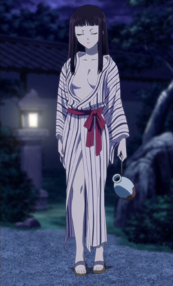 toujou ruby, rosario+vampire, anime screenshot, stitched, third-party edit, 00s, 1girl, breasts, brown hair, closed eyes, female focus, japanese clothes, long legs, open clothes, open shirt, shirt, small breasts, solo