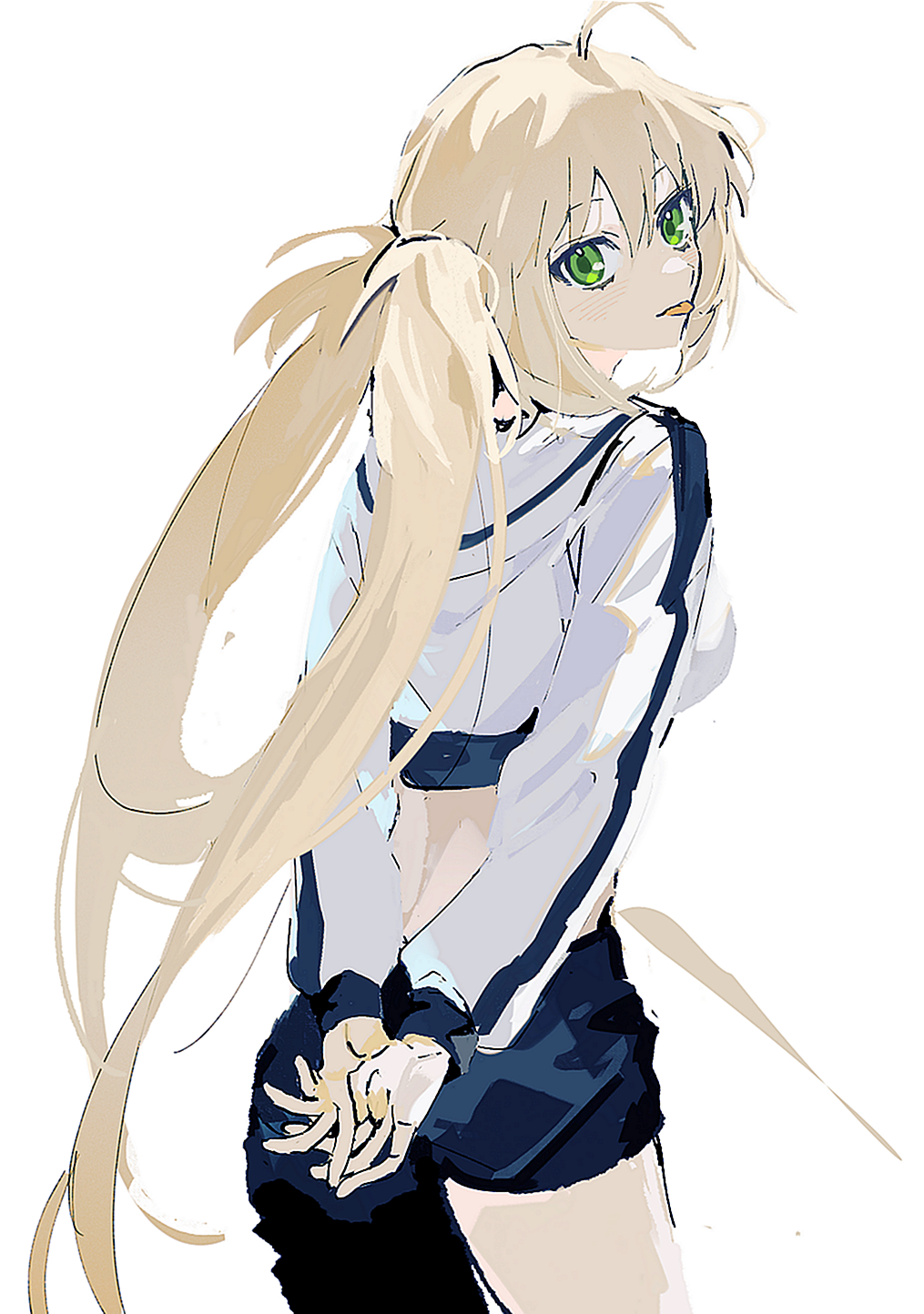ss un17, artoria caster (fate), artoria caster (swimsuit berserker) (first ascension) (fate), artoria pendragon (fate), fate/grand order, fate (series), highres, 1girl, ahoge, asymmetrical clothes, back, bikini, black pants, blonde hair, blush, breasts, green eyes, long hair, long sleeves, looking at viewer, looking back, pants, shrug (clothing), single pantsleg, small breasts, solo, swimsuit, thighs, tongue, tongue out, twintails, white bikini, white shrug