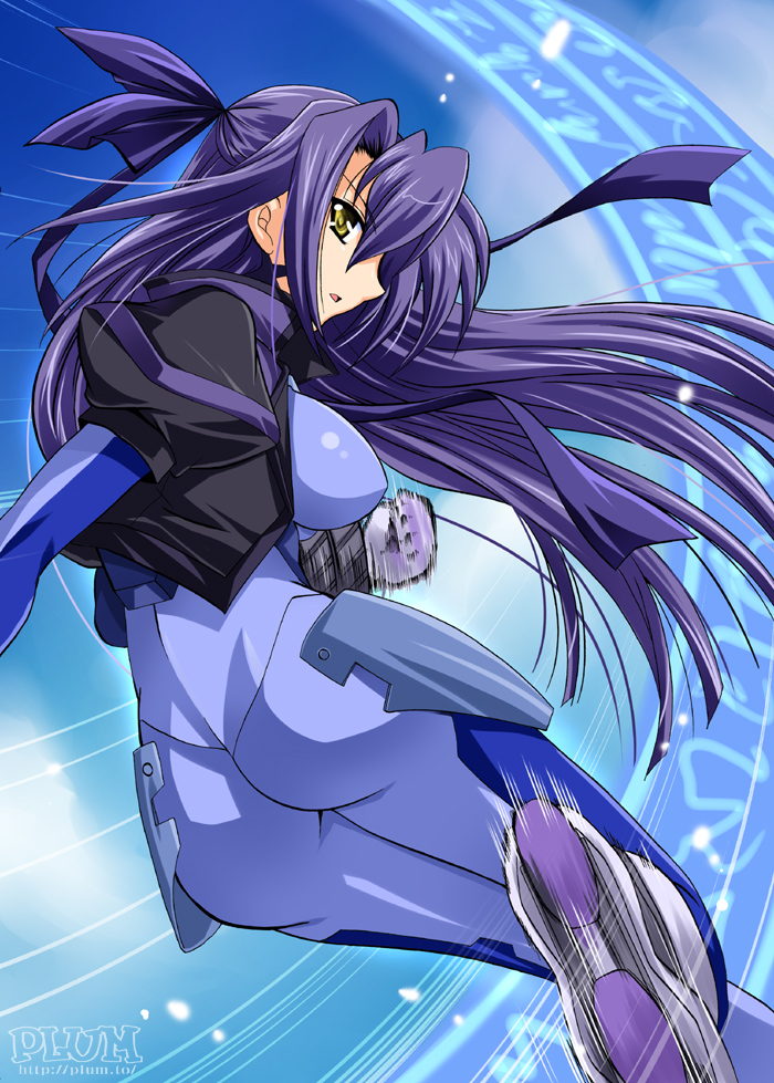 kanna (plum), ginga nakajima, lyrical nanoha, mahou shoujo lyrical nanoha, mahou shoujo lyrical nanoha strikers, 00s, ass, bodysuit, green eyes, hair ribbon, inline skates, long hair, looking back, magic circle, purple hair, ribbon, roller skates, skates, solo, very long hair, yellow eyes