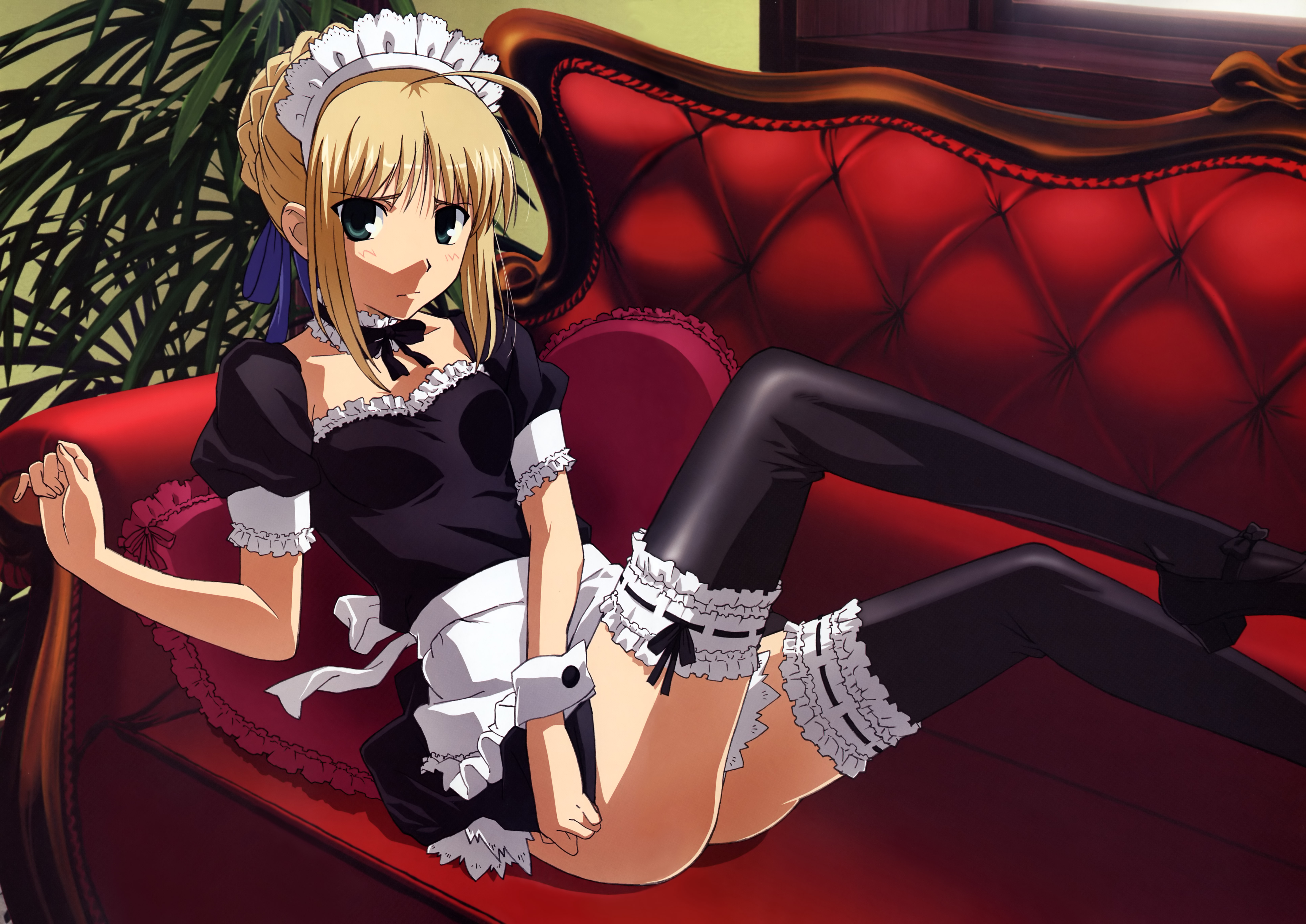 motomura kouichi, artoria pendragon (fate), saber (fate), fate/stay night, fate (series), type-moon, absurdres, highres, scan, 00s, 1girl, ahoge, apron, black thighhighs, blonde hair, blush, bow, braid, couch, female focus, frilled thighhighs, frills, frown, green eyes, hair ribbon, headdress, looking at viewer, maid, maid apron, maid headdress, official alternate costume, pillow, ribbon, short hair, sitting, solo, thighhighs, wrist cuffs