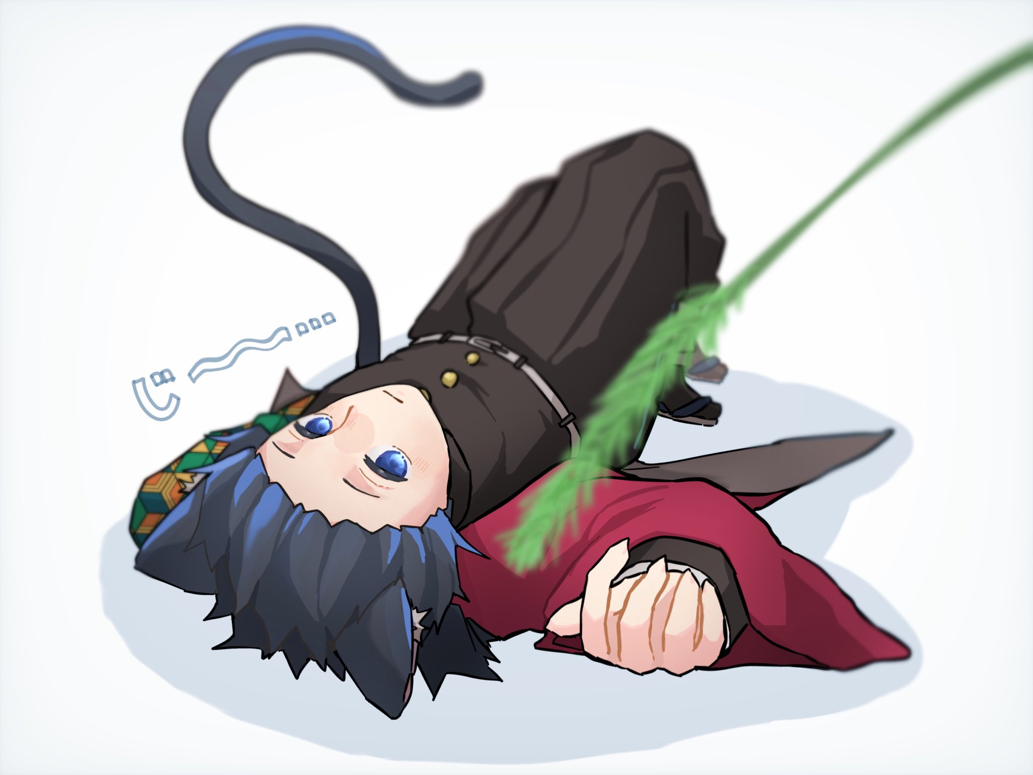 tomioka giyuu, kimetsu no yaiba, highres, 1boy, animal ears, belt, black hair, black jacket, black pants, blue eyes, buttons, cat boy, cat ears, cat tail, demon slayer uniform, full body, gold buttons, haori, high collar, jacket, japanese clothes, kikkoumon, looking at viewer, low ponytail, lying, male focus, on back, pants, ponytail, print haori, red haori, shadow, simple background, solo, spiked hair, tail, toiu toiu, white background, white belt