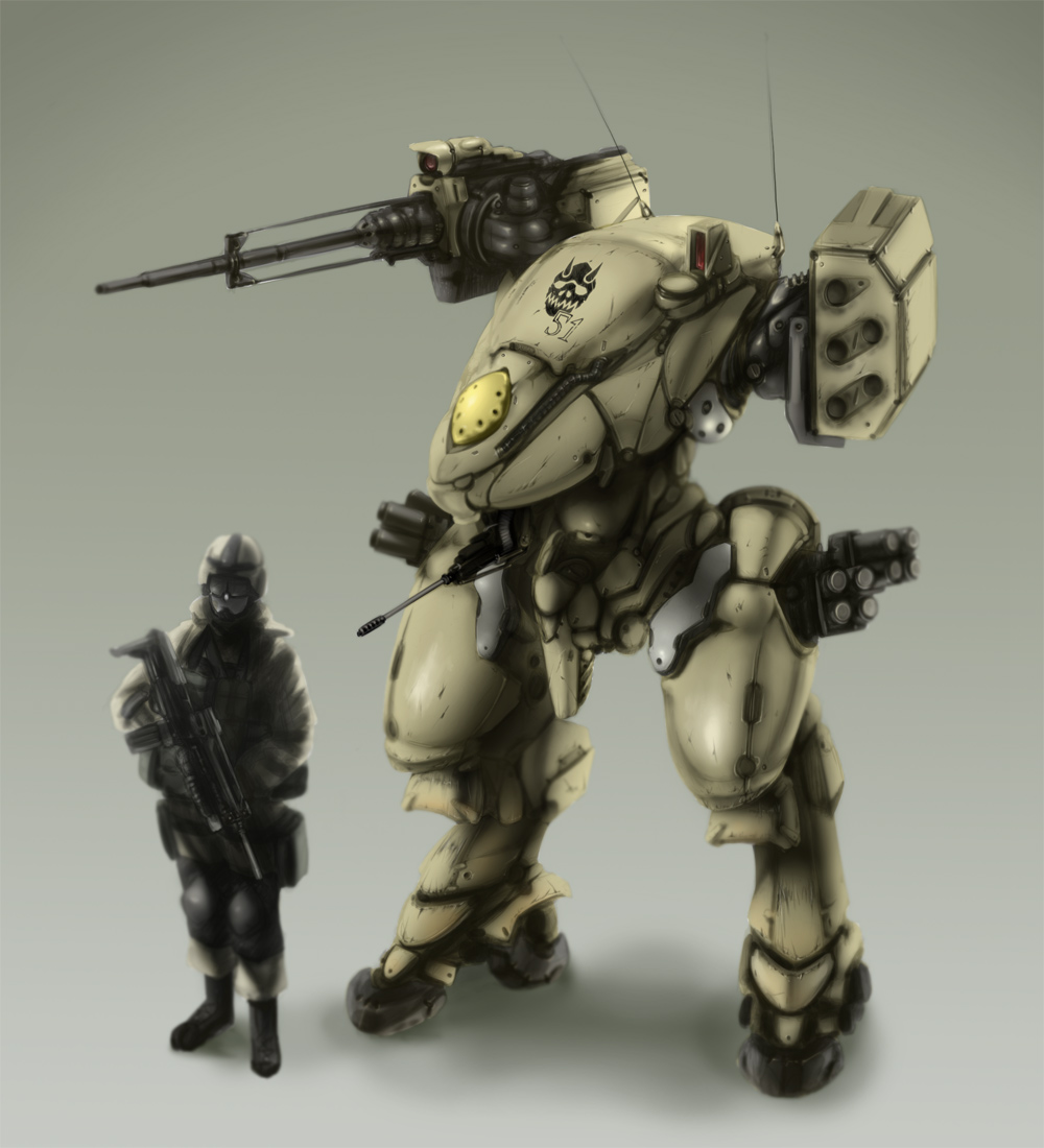 abubu, original, bad id, 1boy, boots, gradient background, grey background, gun, male focus, mecha, military, oni, rifle, robot, solo, standing, weapon