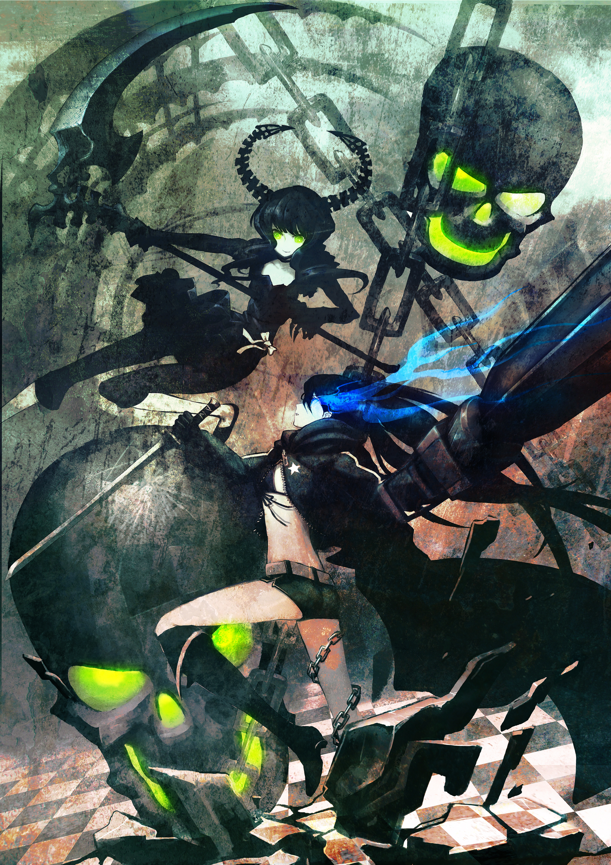 huke, black rock shooter (character), dead master, black rock shooter, absurdres, highres, 10s, 2girls, arm cannon, black dress, black hair, black leggings, boots, cape, chain, dress, gloves, glowing, glowing eyes, green eyes, leggings, multiple girls, pale skin, scythe, shorts, skull, sword, weapon