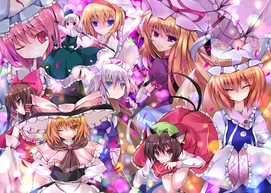 hoshikuzu, chen, hakurei reimu, izayoi sakuya, kirisame marisa, konpaku youmu, saigyouji yuyuko, yakumo ran, yakumo yukari, perfect cherry blossom, touhou, silver hair, bad id, 6+girls, animal hat, blonde hair, blue eyes, bow, brown eyes, brown hair, capelet, cat tail, closed eyes, earrings, everyone, female focus, fingernails, fox tail, hair bow, hands in opposite sleeves, hands on own hips, hat, jewelry, katana, long fingernails, long sleeves, mob cap, multiple girls, multiple tails, nail polish, one eye closed, pink eyes, pink hair, purple eyes, scarf, short hair, single earring, smile, sword, tail, tassel, weapon, wide sleeves, witch hat, yellow eyes