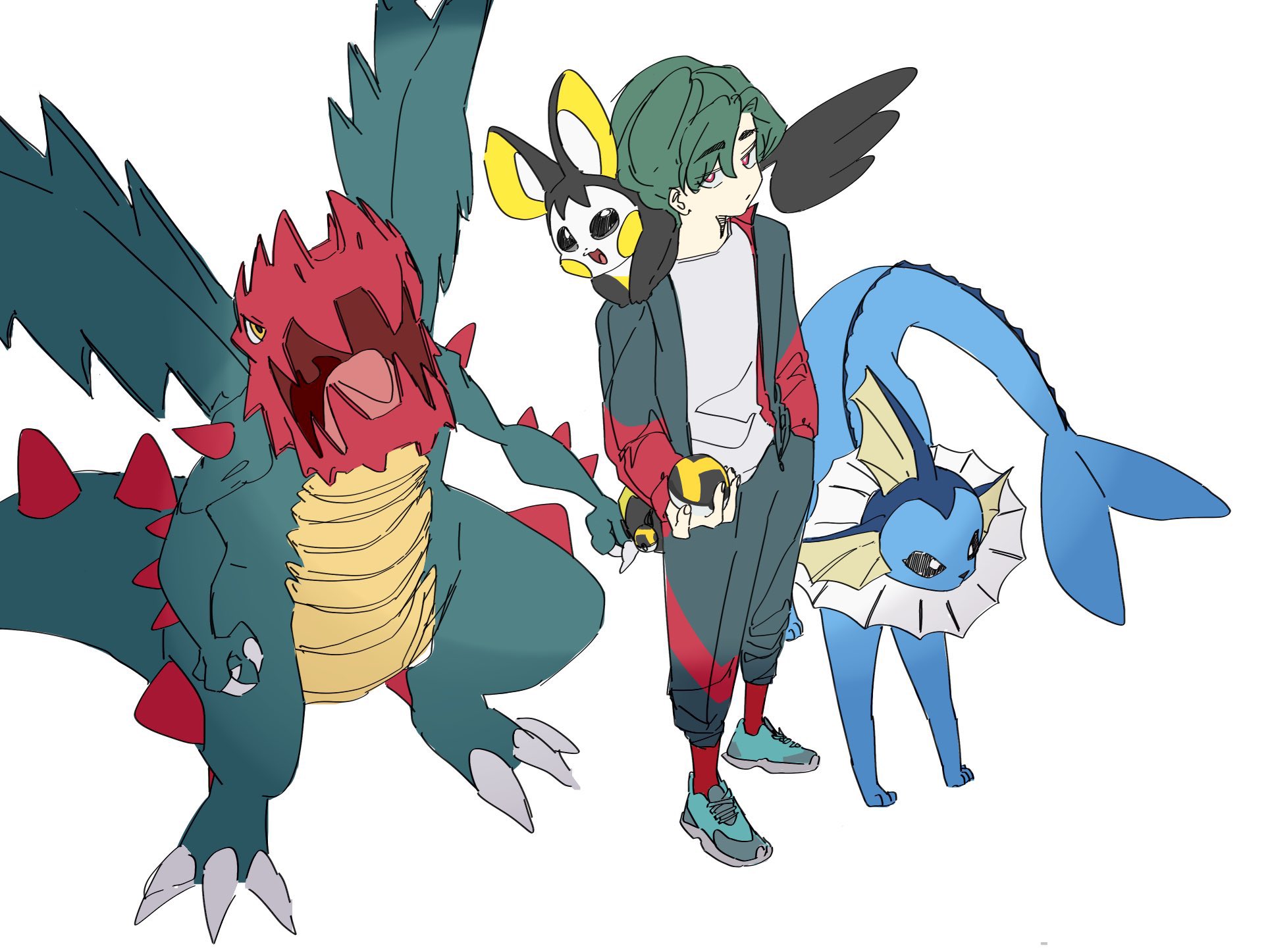 pp 7762, druddigon, emolga, vaporeon, nintendo, pokemon, highres, 1boy, animal hands, aqua shoes, black eyes, black fur, blue fur, bright pupils, cetacean tail, claws, dragon, fangs, fins, fish tail, full body, gen 1 pokemon, gen 5 pokemon, green hair, grey jacket, grey pants, head fins, holding, holding poke ball, jacket, looking at viewer, pants, parted bangs, poke ball, pokemon (creature), red eyes, red socks, shirt, shoes, simple background, socks, spikes, standing, tail, ultra ball, white background, white fur, white pupils, white shirt, yellow eyes, yellow fur