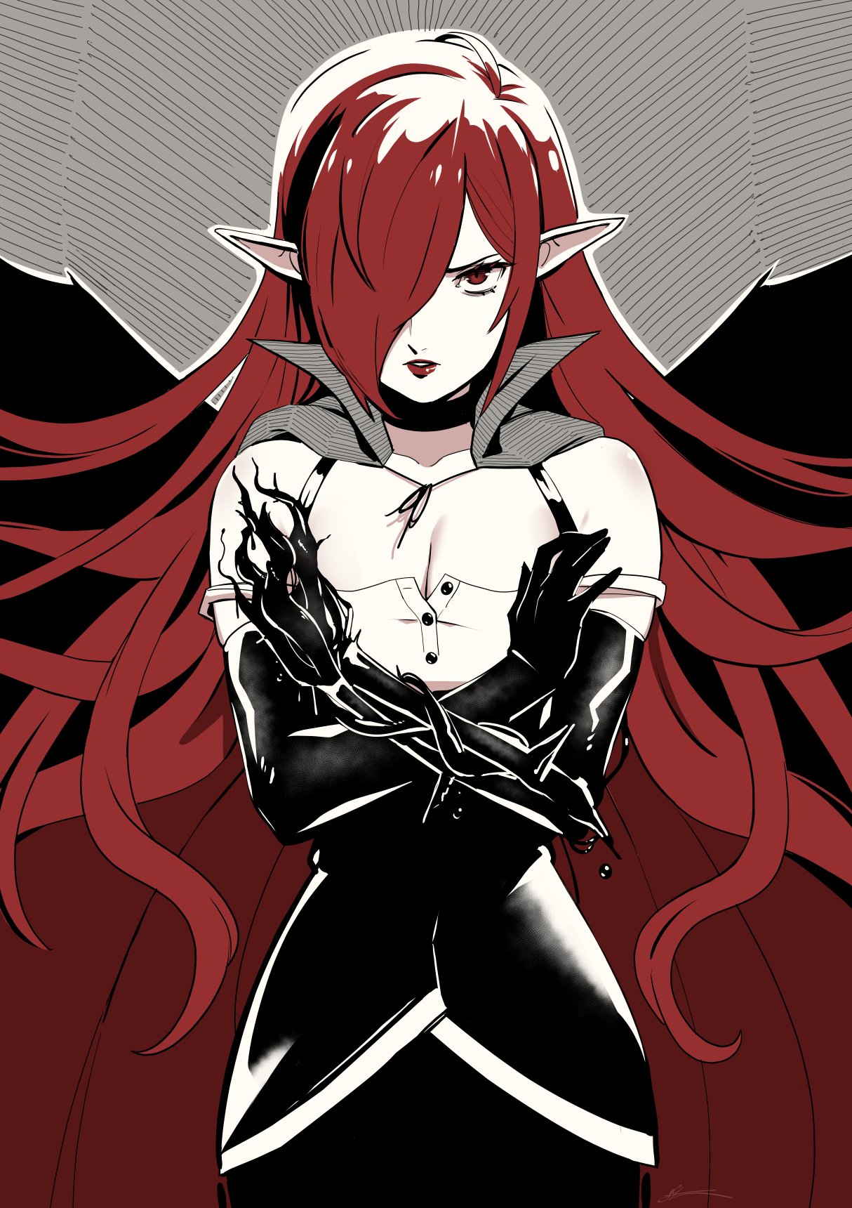 eightyfourart, original, commentary, highres, 1girl, black sleeves, breasts, cleavage, detached sleeves, eyelashes, grey background, hair over one eye, long hair, parted lips, pointy ears, red eyes, red lips, solo, standing, v-shaped eyebrows