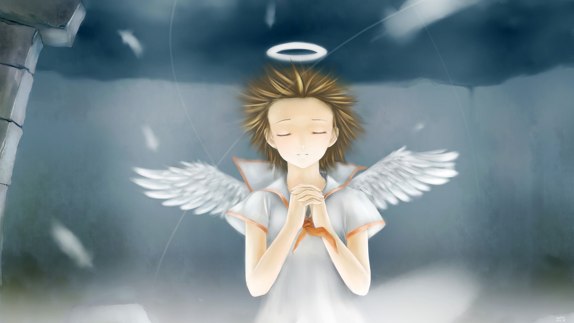 zha huache, rakka (haibane renmei), haibane renmei, bad id, bad pixiv id, highres, 00s, brown hair, closed eyes, halo, solo, traditional halo, wings