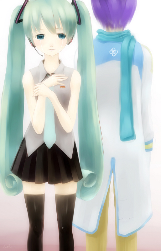 zha huache, hatsune miku, kaito (vocaloid), vocaloid, bad id, bad pixiv id, aqua eyes, aqua hair, blue hair, headset, long hair, necktie, scarf, short hair, skirt, tears, thighhighs, twintails, zettai ryouiki