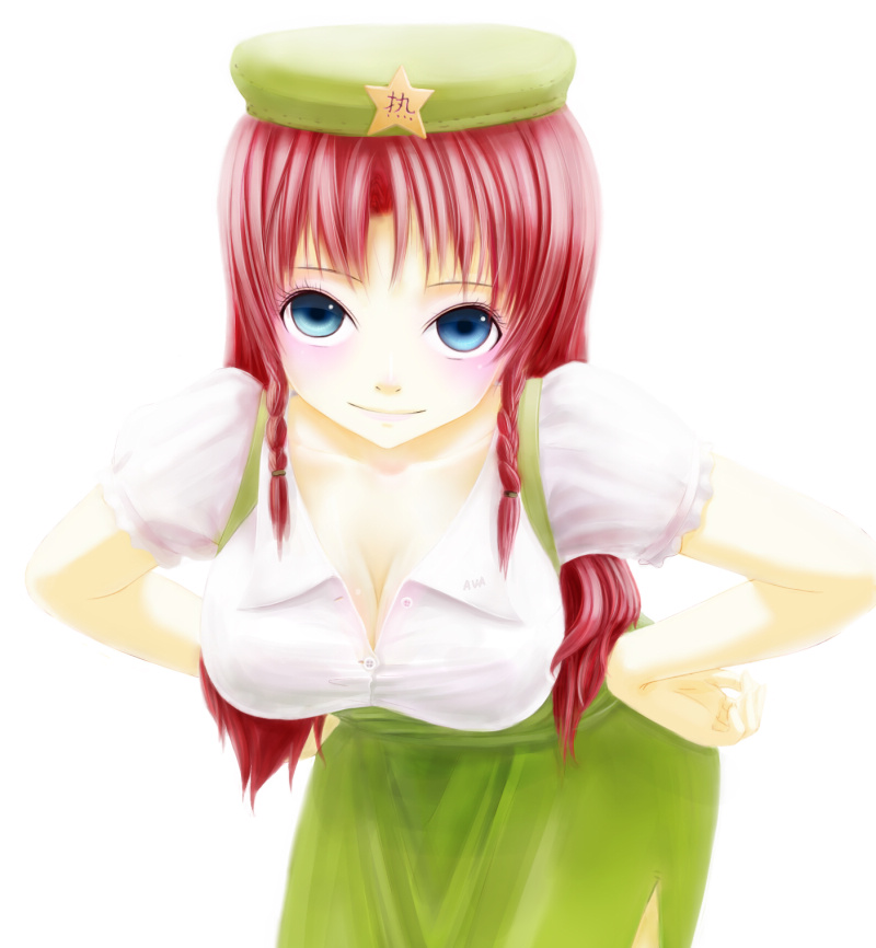 zha huache, hong meiling, embodiment of scarlet devil, touhou, bad id, bad pixiv id, 1girl, blue eyes, braid, breasts, cleavage, female focus, hands on own hips, large breasts, long hair, red hair, solo, twin braids