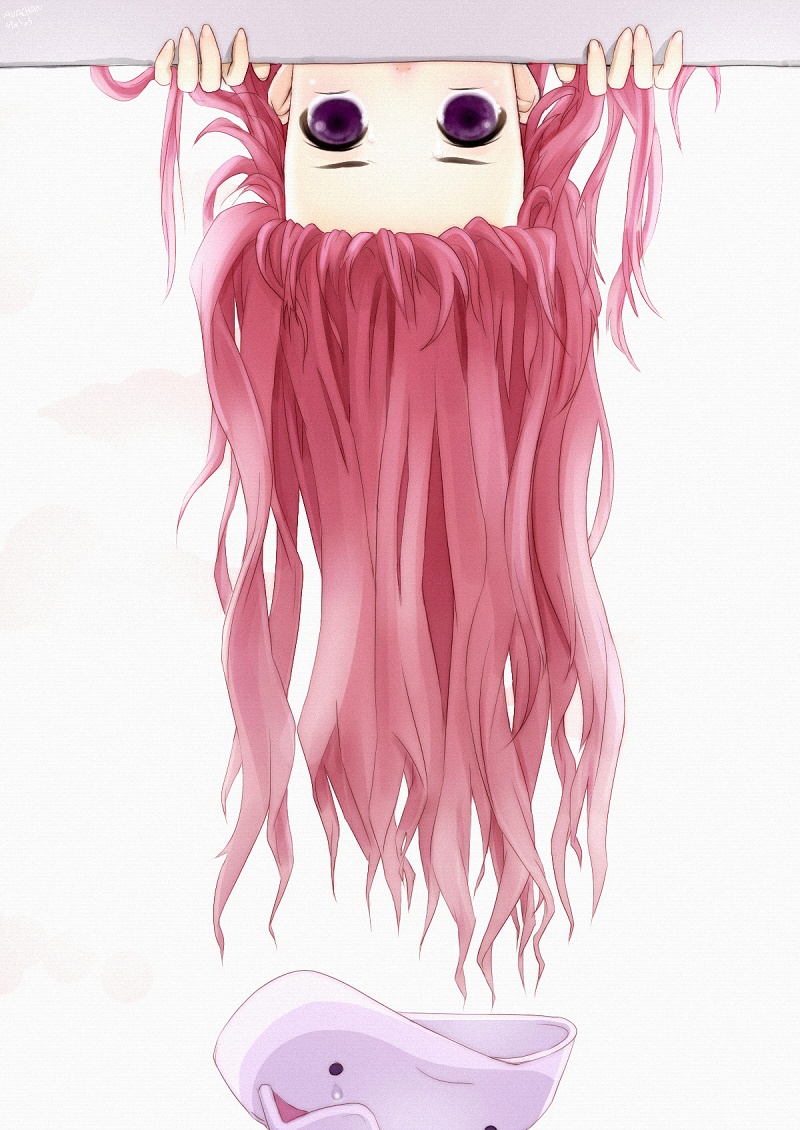 zha huache, megurine luka, megurine luka (toeto), toeto (vocaloid), vocaloid, bad id, bad pixiv id, animal hat, cat hat, hat, long hair, solo, upside-down