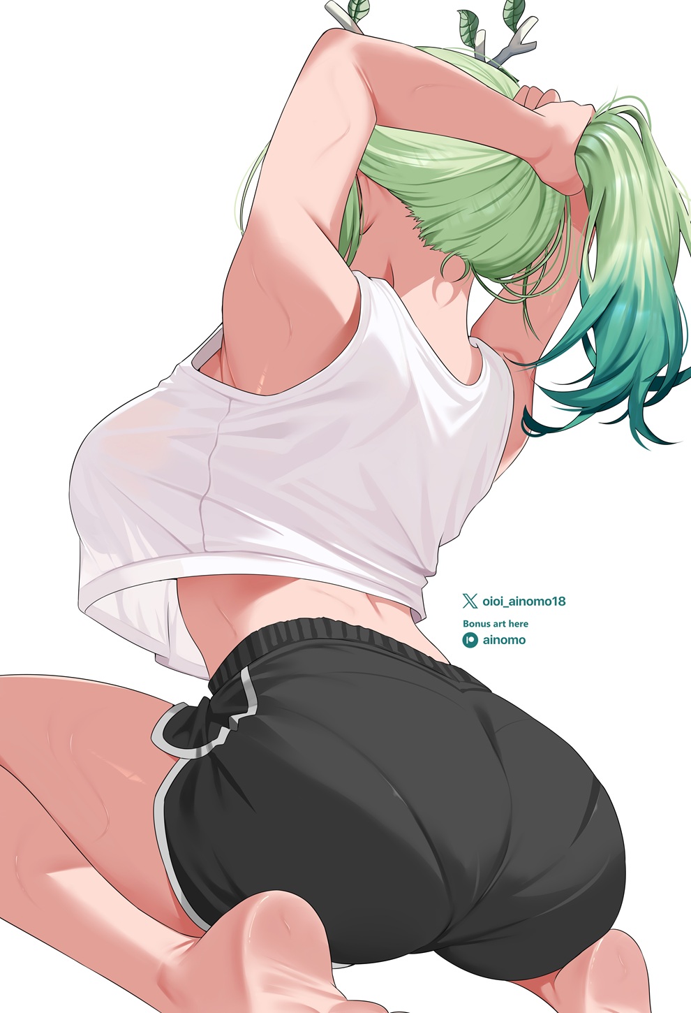 oioi ainomo, ceres fauna, hololive, hololive english, commentary, highres, paid reward available, symbol-only commentary, 1girl, antlers, arms behind head, arms up, ass, barefoot, black shorts, breasts, crop top, crop top overhang, dolphin shorts, feet, from behind, gradient hair, green hair, horns, large breasts, medium hair, multicolored hair, pantylines, see-through silhouette, short shorts, shorts, simple background, soles, solo, tank top, tying hair, virtual youtuber, white background, white tank top