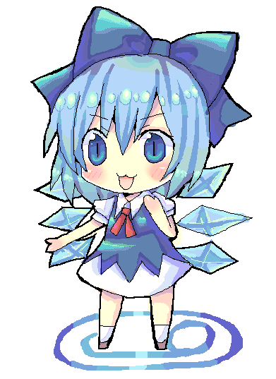 chocolat (momoiro piano), cirno, phantasmagoria of flower view, touhou, bad id, bad pixiv id, 1girl, :3, blue eyes, blue hair, bow, chibi, circled 9, female focus, matching hair/eyes, open mouth, short hair, simple background, slit pupils, solo, wings