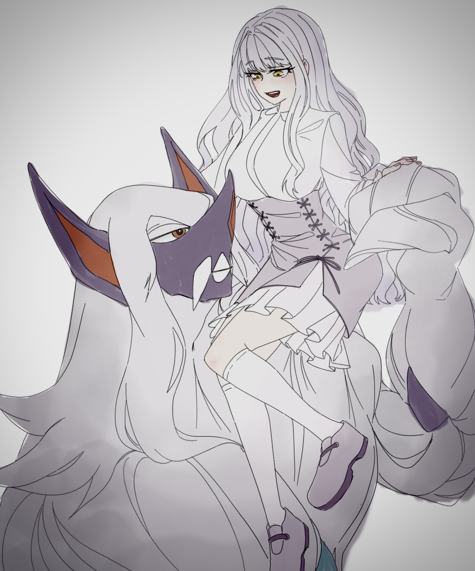 pp 7762, grimmsnarl, nintendo, pokemon, highres, 1boy, 1girl, :d, alternate color, breasts, colored skin, corset, dress, fangs, full body, gen 8 pokemon, looking at another, open mouth, pink corset, pink shoes, pokemon (creature), purple ribbon, purple skin, red eyes, ribbon, shiny pokemon, shoes, simple background, sitting, smile, standing, upper body, white background, white dress, white hair, yellow eyes