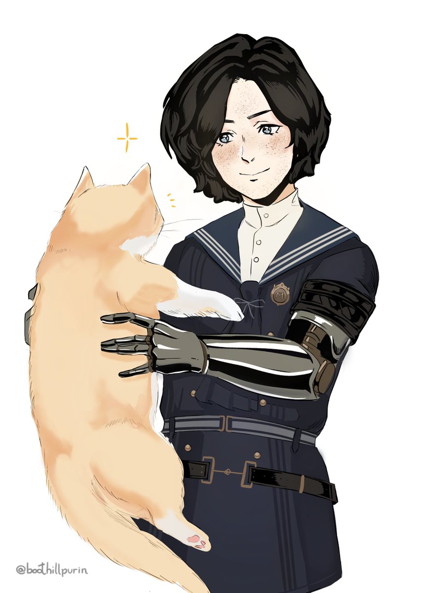 pinocchio (lies of p), lies of p, commentary, english commentary, highres, 1boy, animal, artist name, black hair, blue eyes, boothillpurin, cat, closed mouth, freckles, holding, holding animal, holding cat, inktober, male focus, mechanical arms, orange fur, prosthesis, prosthetic arm, short hair, single mechanical arm, sparkle, spring (lies of p), standing, twitter username, white background