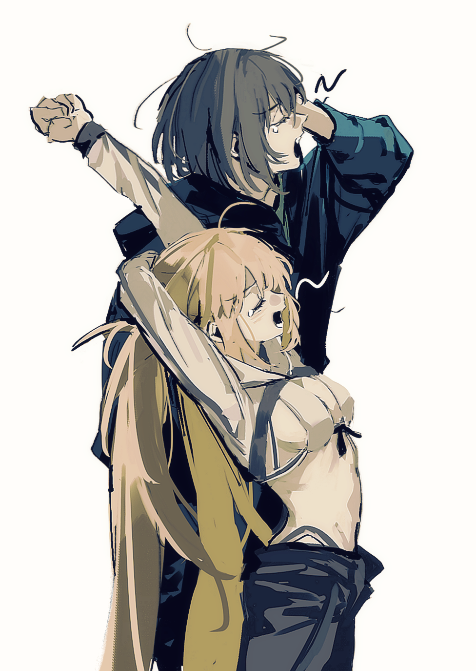 ss un17, artoria caster (fate), artoria caster (swimsuit berserker) (first ascension) (fate), artoria pendragon (fate), oberon (fate), oberon (moody summer oberon) (fate), oberon (third ascension) (fate), fate/grand order, fate (series), highres, 1boy, 1girl, ahoge, bikini, black jacket, black pants, blonde hair, breasts, closed eyes, grey hair, jacket, long hair, long sleeves, open mouth, pants, short hair, shrug (clothing), small breasts, stretching, swimsuit, tearing up, twintails, white bikini, white shrug, yawning