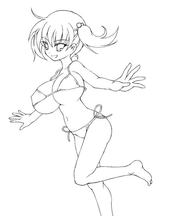 miyata gakuman, 1girl, bare shoulders, barefoot, bikini, breasts, covered erect nipples, female focus, greyscale, hair ribbon, huge breasts, monochrome, navel, open mouth, panties, ribbon, short hair, short twintails, side-tie bikini bottom, side-tie panties, sketch, smile, solo, swimsuit, twintails, underwear
