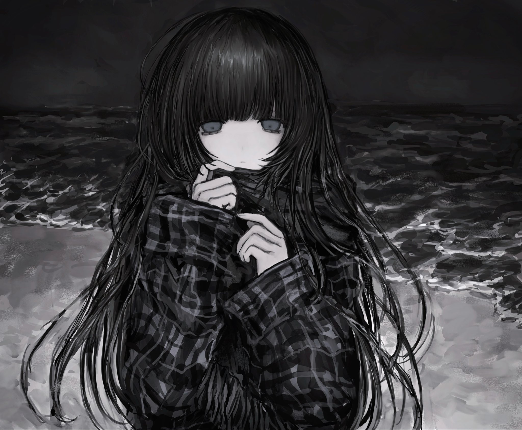 chan8016, original, highres, 1girl, beach, black hair, black scarf, black shirt, blunt bangs, expressionless, grey eyes, hands up, long hair, long sleeves, looking at viewer, messy hair, monochrome background, muted color, ocean, pale skin, plaid clothes, plaid shirt, scarf, shirt, sleeves past wrists, solo, upper body