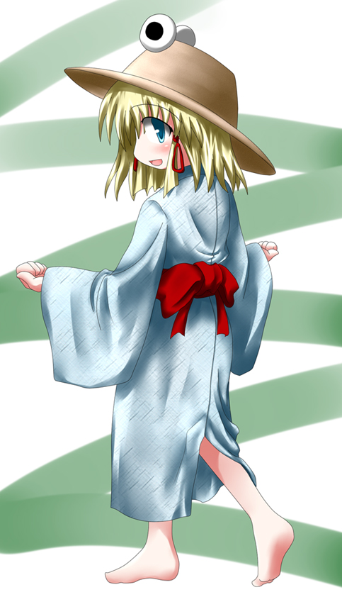 baerun, moriya suwako, touhou, 1girl, barefoot, blonde hair, blue eyes, feet, female focus, full body, hat, looking back, short hair, solo, white background