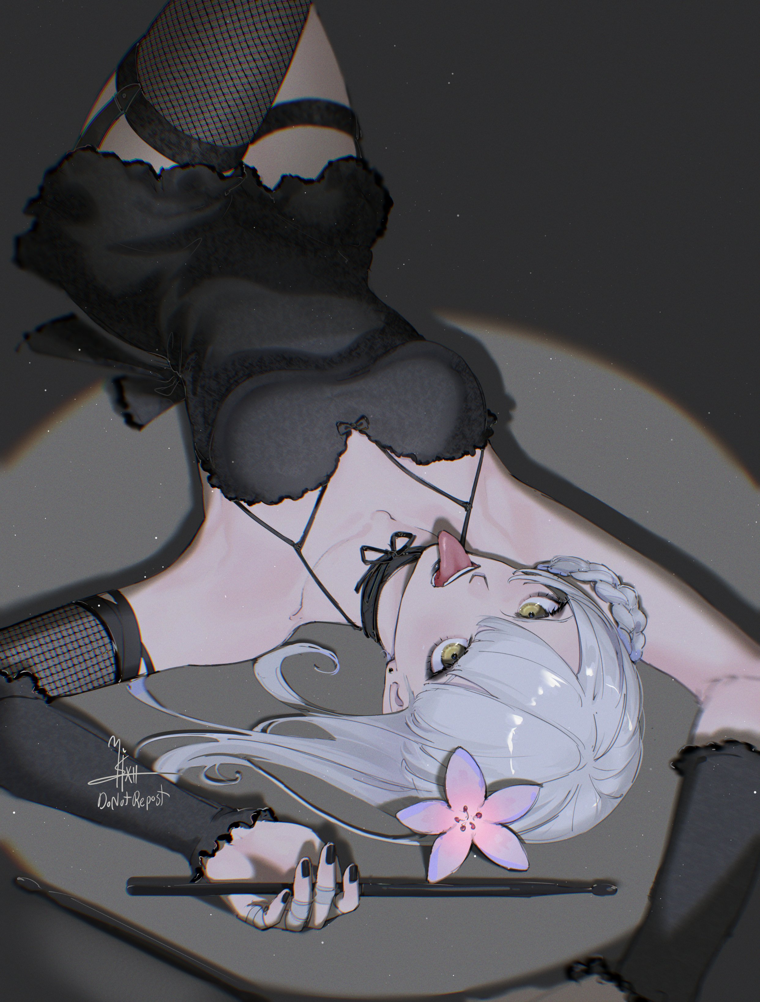 mistxii, kaine (nier), nier, nier (series), absurdres, commentary, highres, 1girl, alternate costume, bandaged fingers, bandages, black background, black dress, black nails, braid, braided hair rings, breasts, dress, fishnet thighhighs, fishnets, flower, garter straps, grey hair, hair flower, hair ornament, hair rings, long hair, looking at viewer, medium breasts, nail polish, signature, solo, thighhighs, tongue, tongue out, yellow eyes