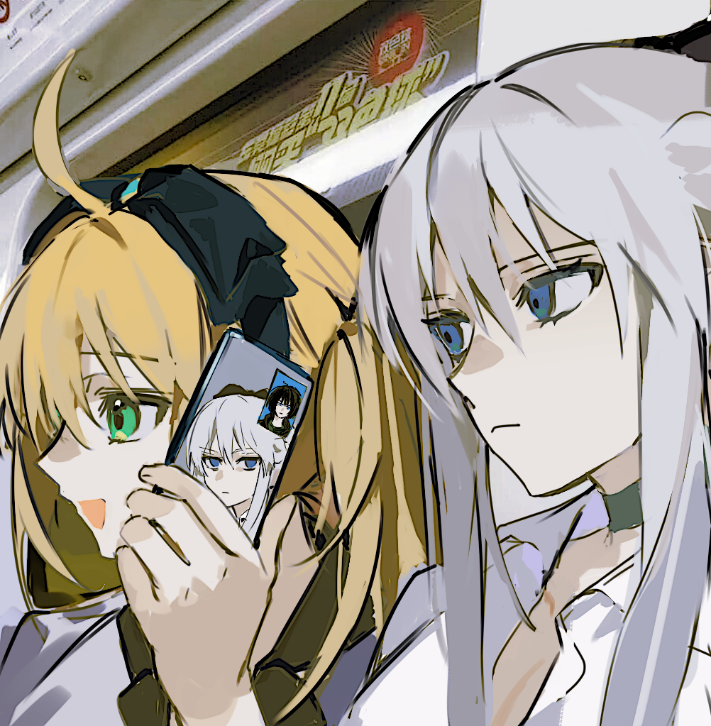 ss un17, artoria caster (fate), artoria pendragon (fate), morgan le fay (fate), oberon (fate), oberon (moody summer oberon) (fate), oberon (third ascension) (fate), fate/grand order, fate (series), photo-referenced, 1boy, 2girls, ahoge, black hair, blonde hair, blue eyes, cellphone, choker, green eyes, grey hair, hairband, holding, holding phone, long hair, looking at phone, man looks at himself on someone's phone (meme), meme, multiple girls, open mouth, phone, shirt, smartphone, smile, train interior