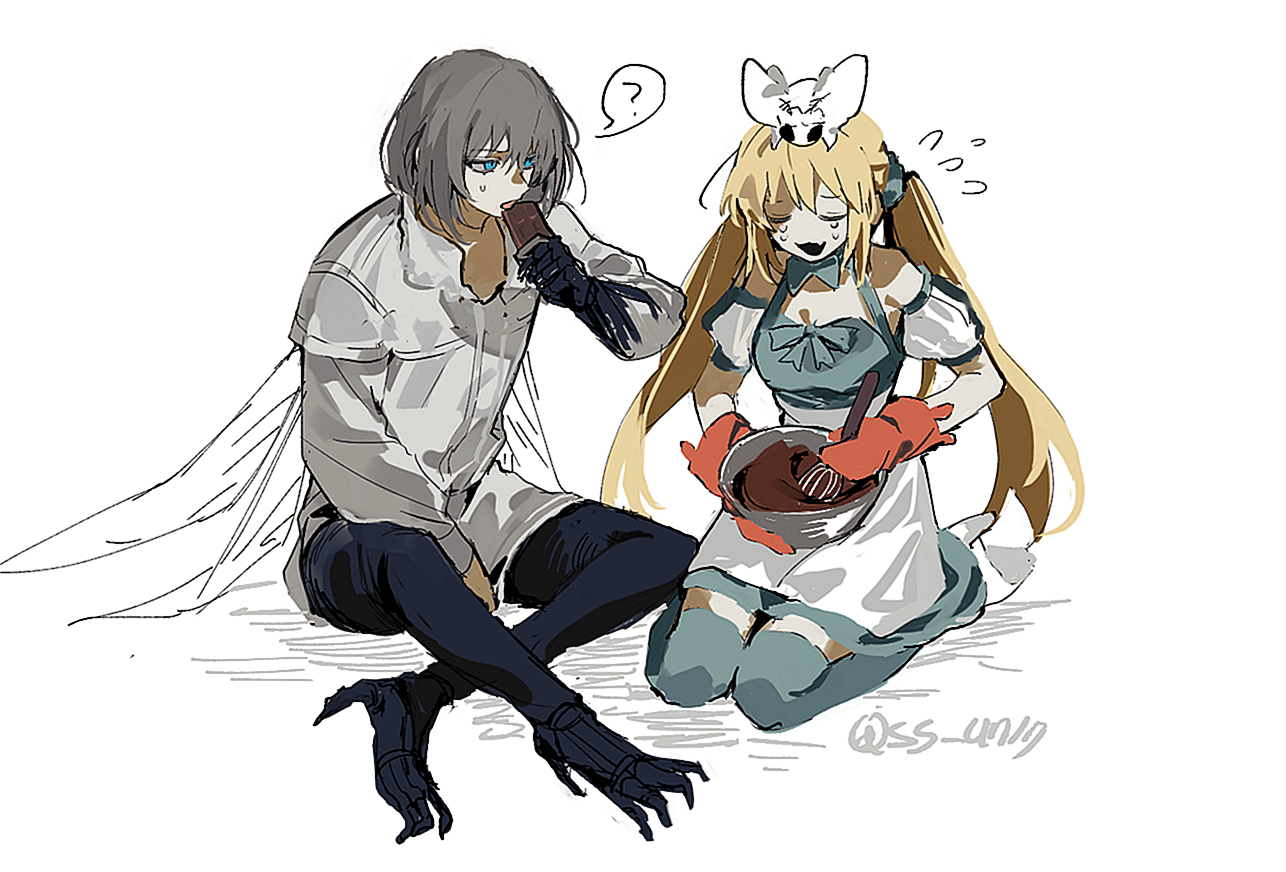 ss un17, artoria caster (fate), artoria caster (swimsuit berserker) (second ascension) (fate), artoria pendragon (fate), blanca (fate), oberon (fate), oberon (third ascension) (fate), fate/grand order, fate (series), 1boy, 1girl, ahoge, bare shoulders, black pants, blonde hair, blue dress, blue eyes, blue thighhighs, breasts, bug, chocolate, crying, dragonfly wings, dress, grey hair, insect, long hair, long sleeves, mixing bowl, moth, pants, puffy short sleeves, puffy sleeves, shirt, short sleeves, sitting, skirt, small breasts, thighhighs, twintails, white shirt, white skirt