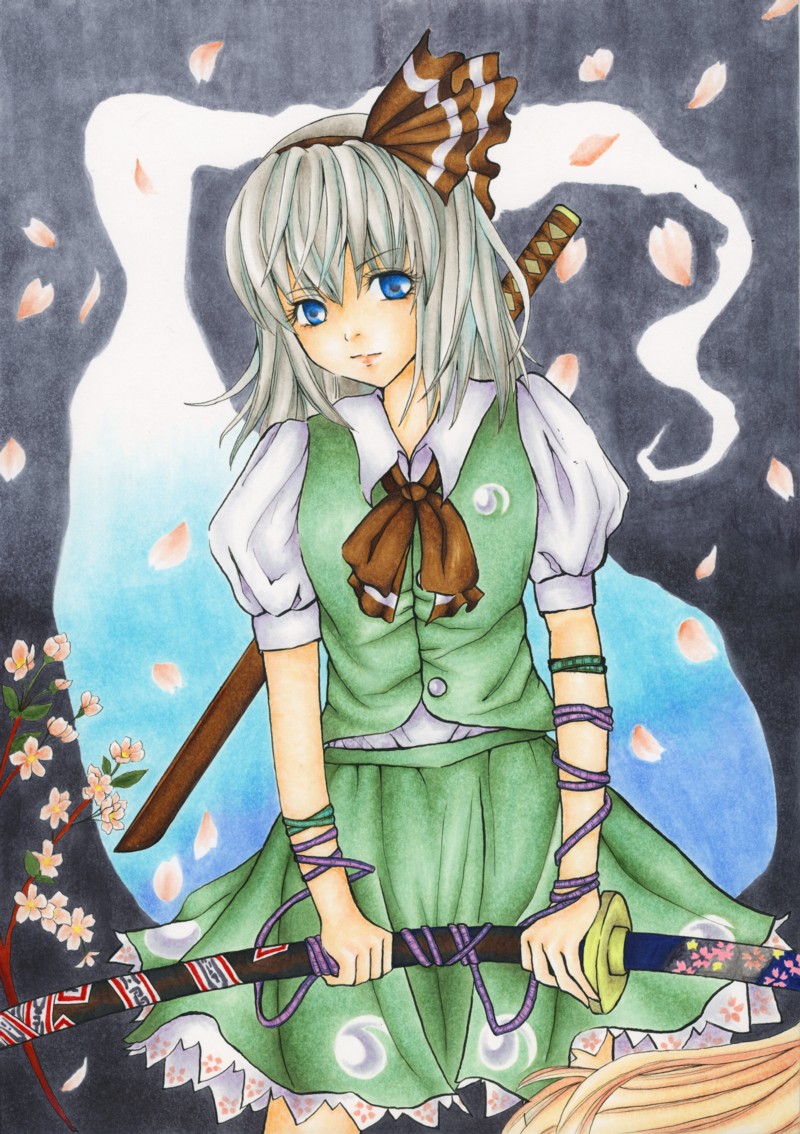 conductance, konpaku youmu, konpaku youmu (ghost), touhou, silver hair, traditional media, 1girl, blue eyes, female focus, hairband, hitodama, katana, sheath, sheathed, short hair, solo, sword, weapon