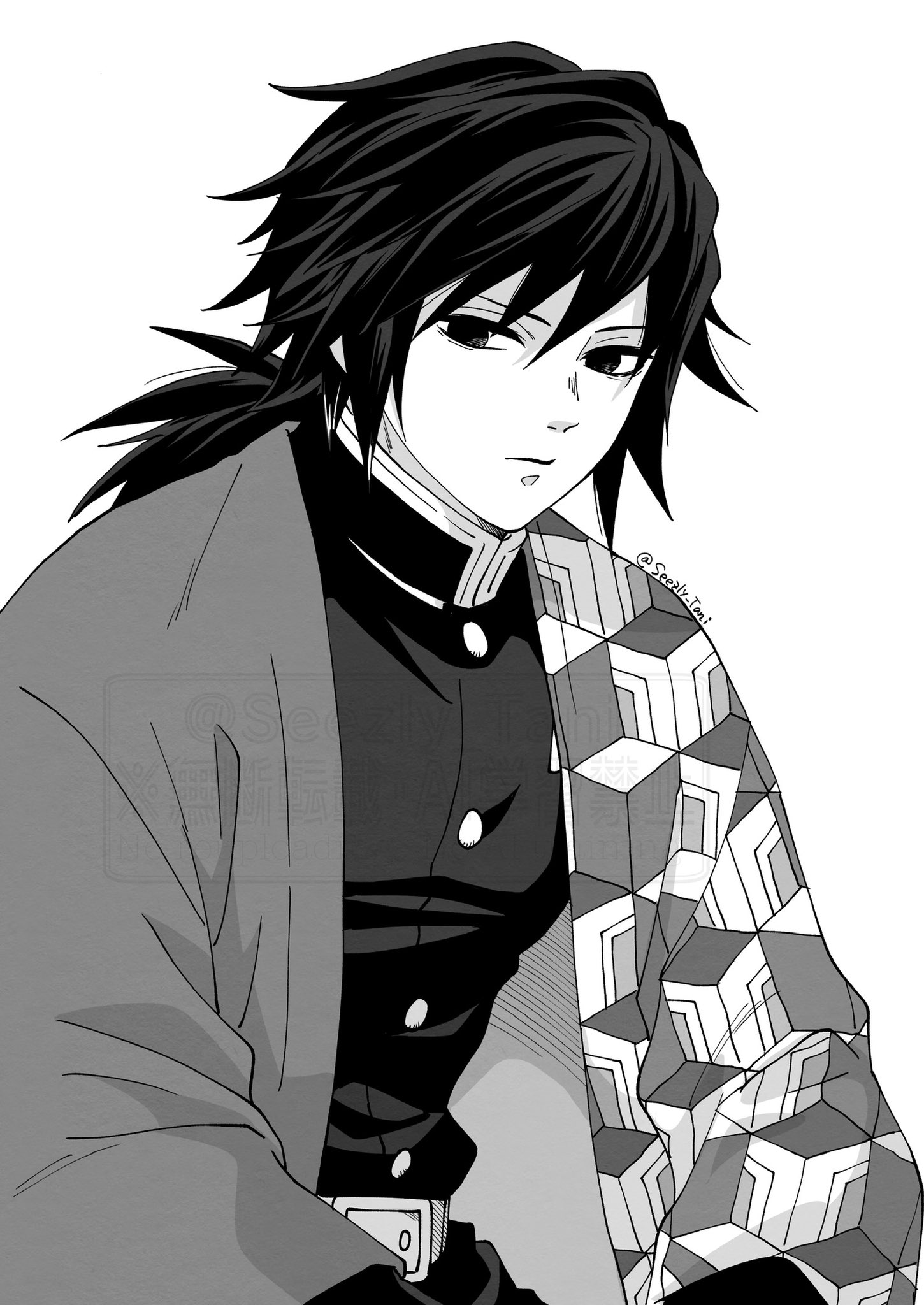 seezly tani, tomioka giyuu, kimetsu no yaiba, highres, 1boy, belt, buttons, closed mouth, demon slayer uniform, empty eyes, greyscale, haori, high collar, jacket, japanese clothes, kikkoumon, looking at viewer, low ponytail, male focus, monochrome, pants, ponytail, print haori, simple background, solo, spiked hair, white background